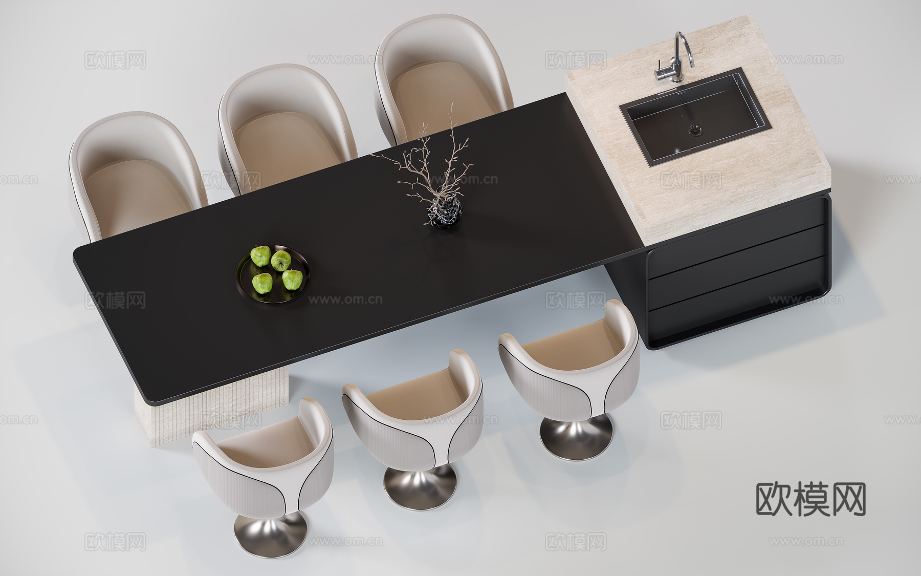 现代极简岛台餐桌su模型