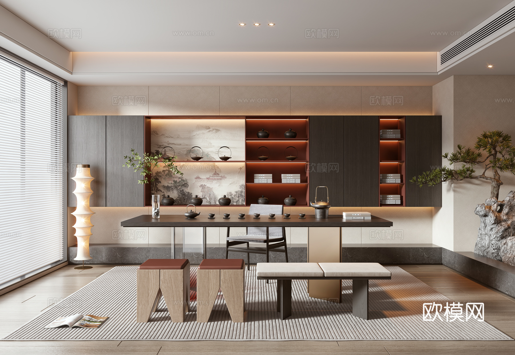 新中式茶室 茶桌 盆景 吊灯 椅子 凳子 茶壶 茶杯 茶叶su模型