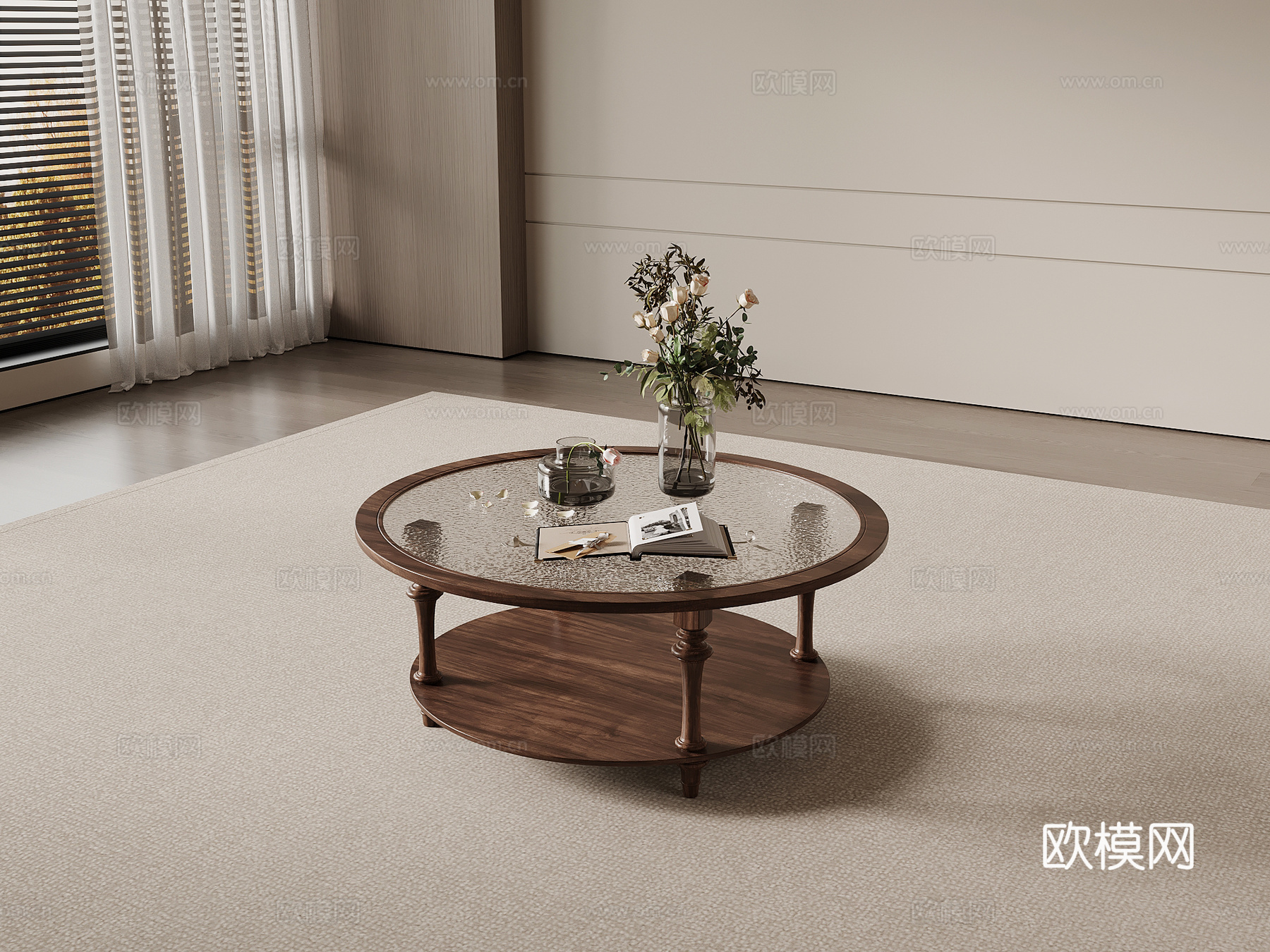 中古风茶几 圆形茶几 玻璃茶几su模型