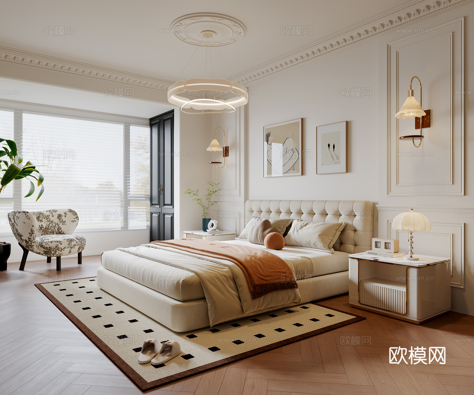 法式卧室 布艺双人床 床头柜 吊灯 挂画 休闲椅 地毯su模型
