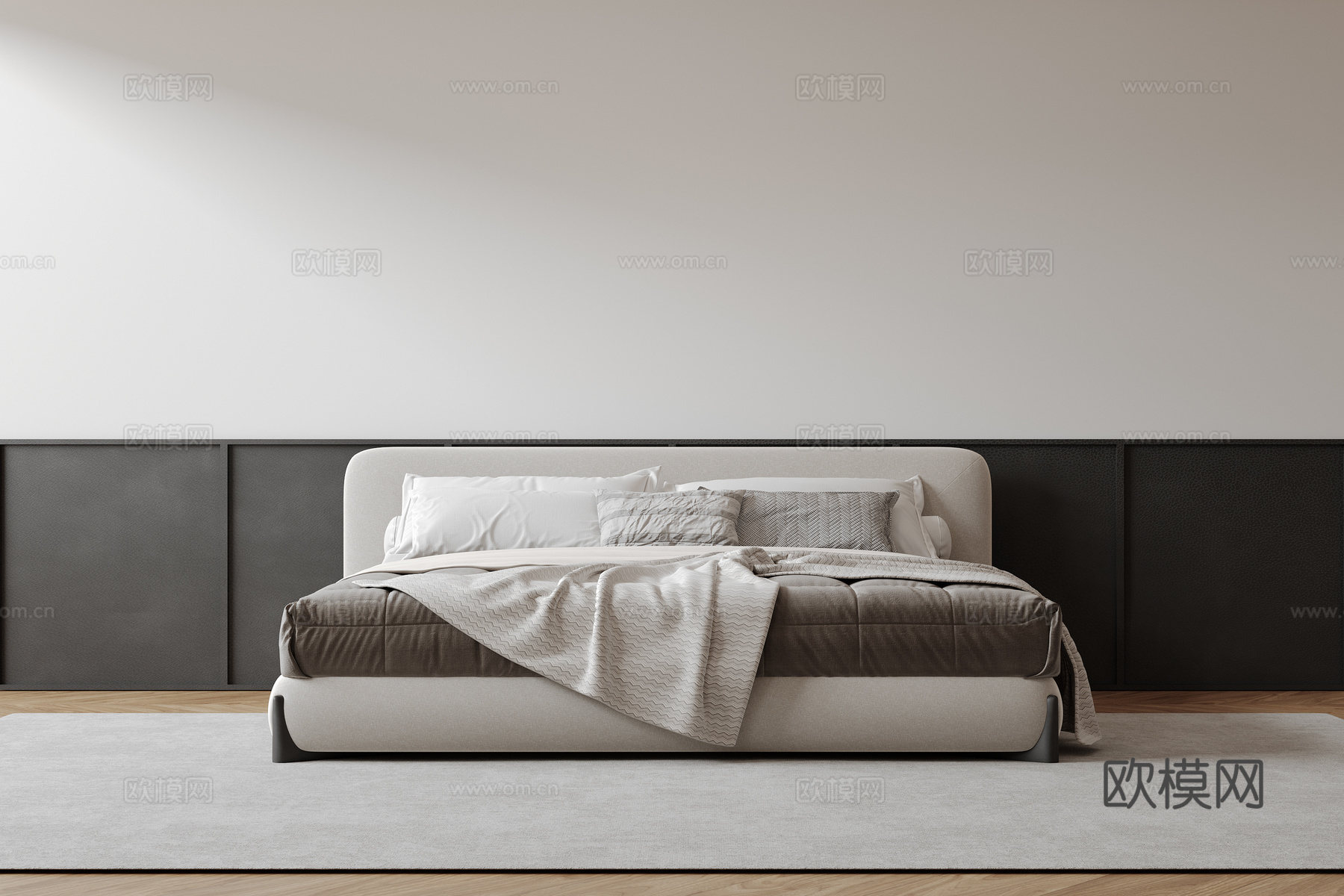 现代意式双人床 皮质床 布艺双人床 中古主卧床 地台床 极简su模型