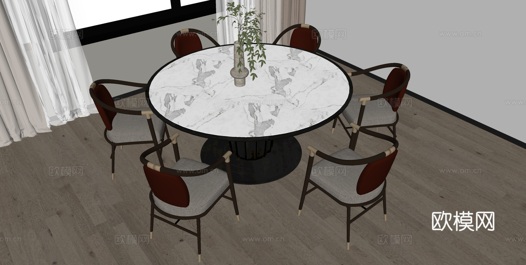 新中式餐桌椅组合 圆形餐桌 木制餐椅su模型