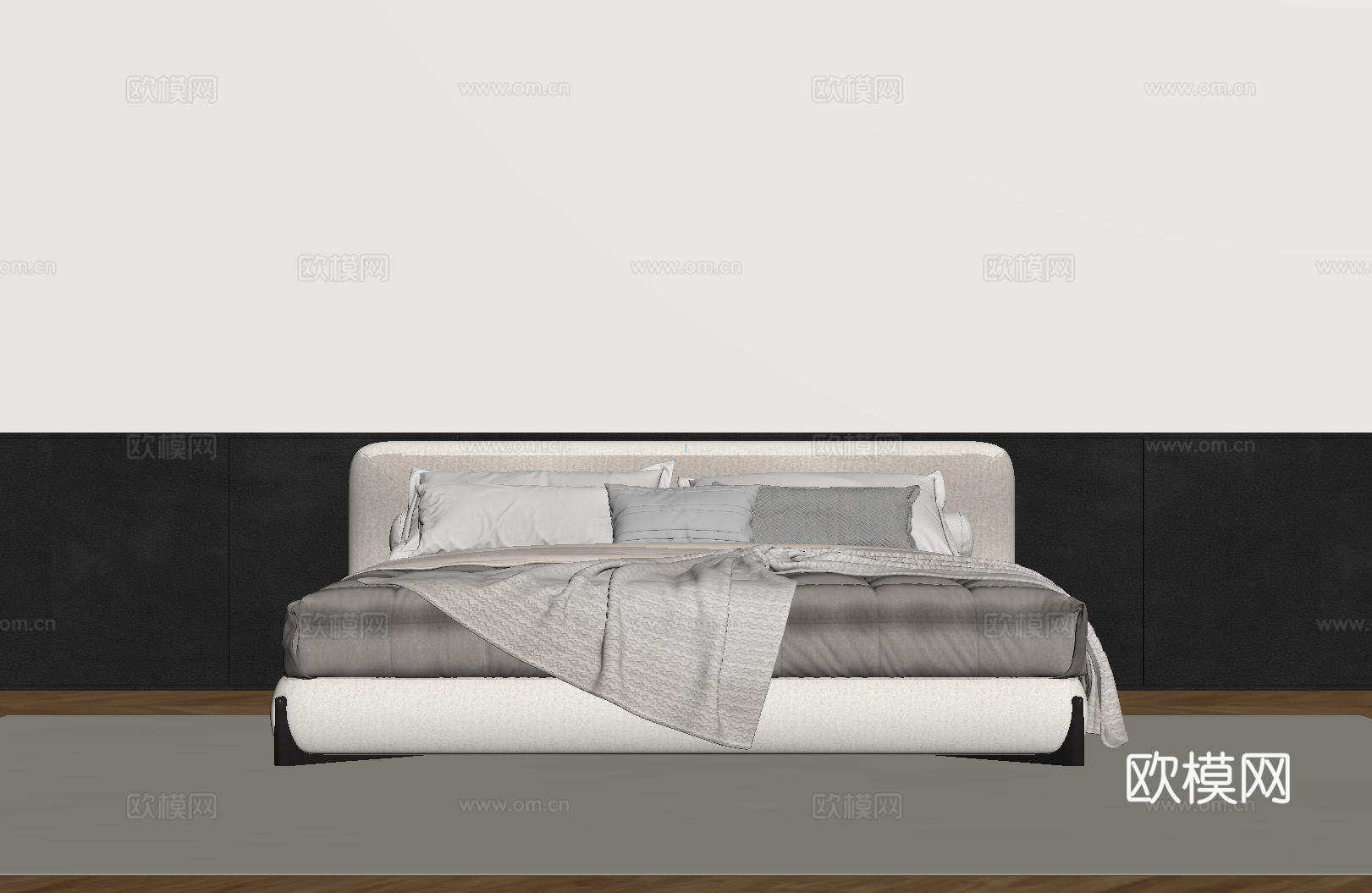 现代意式双人床 皮质床 布艺双人床 中古主卧床 地台床 极简su模型