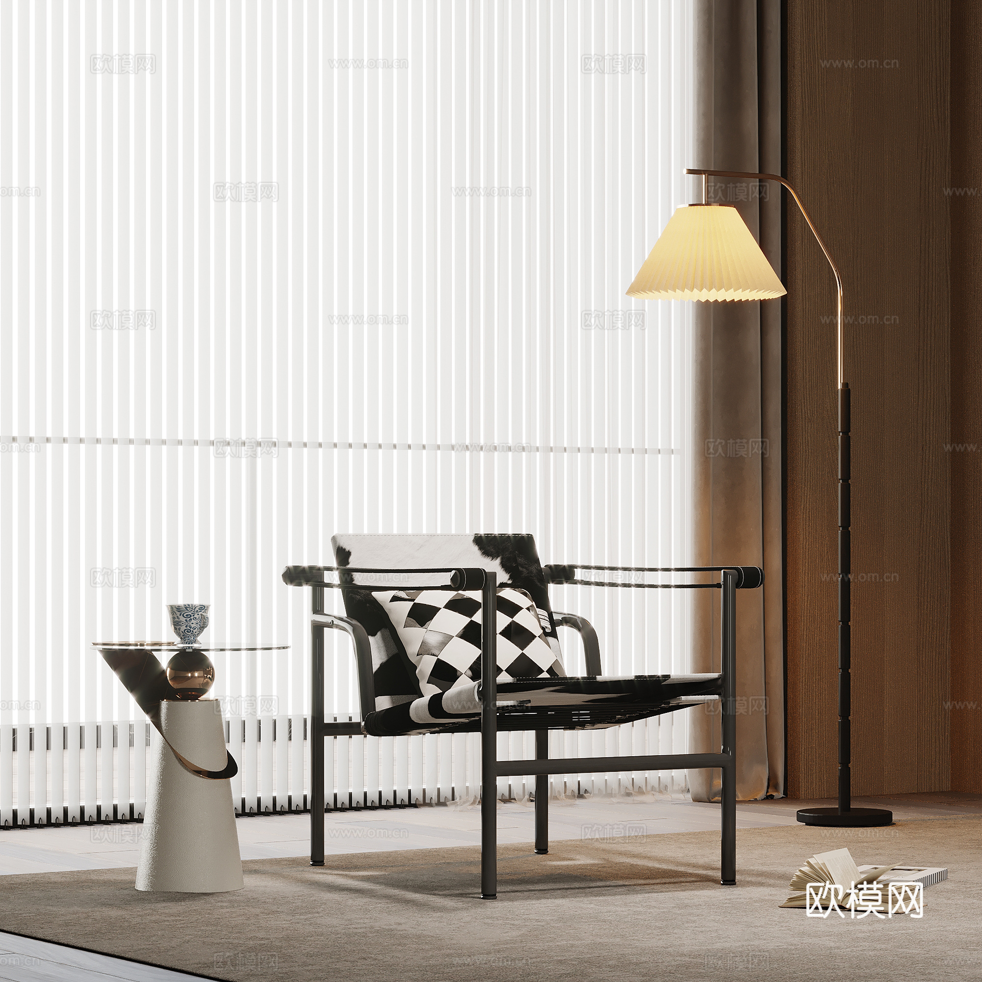 现代休闲椅 边几 落地灯su模型