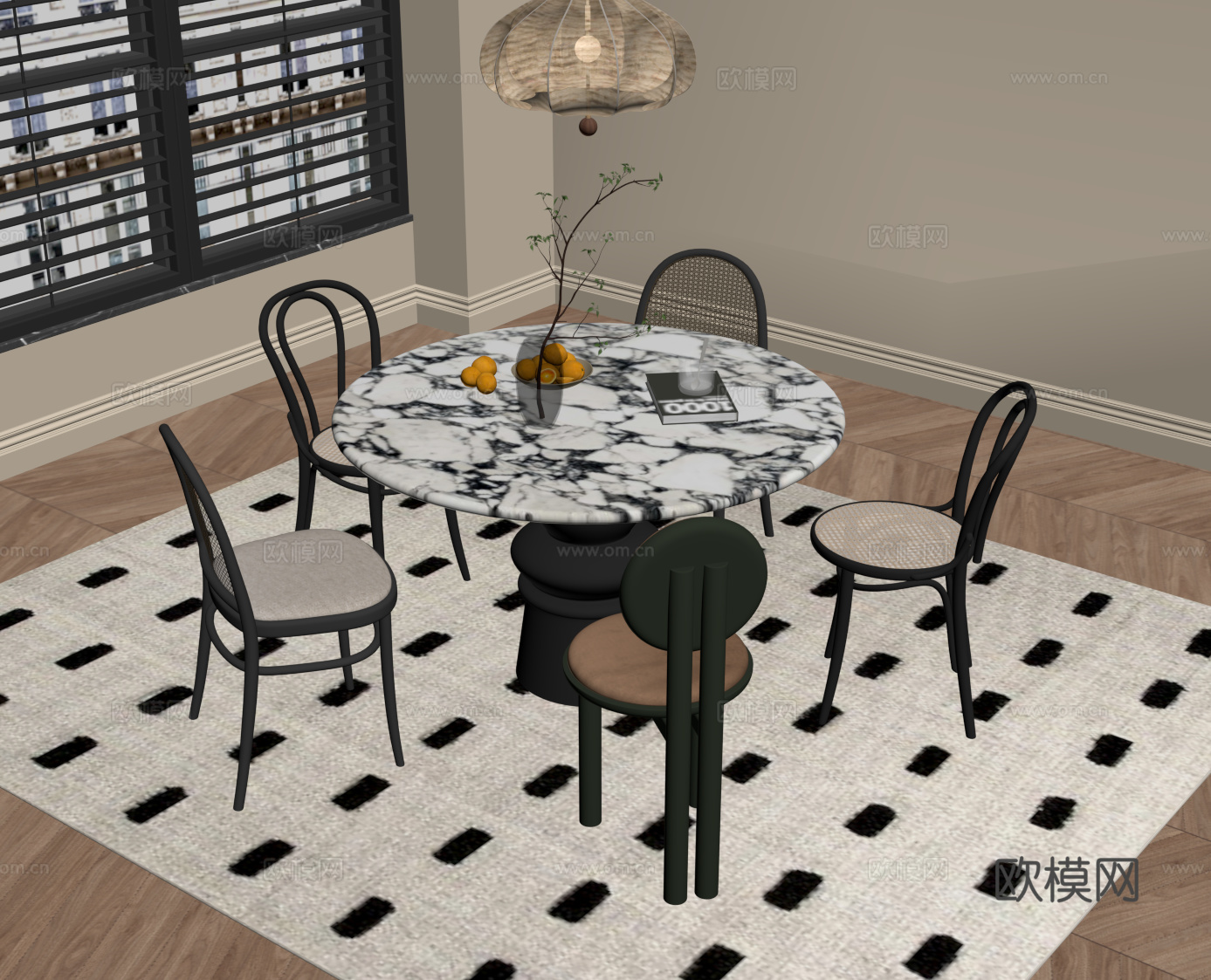 法式复古风餐桌椅 圆形餐桌 吊灯su模型