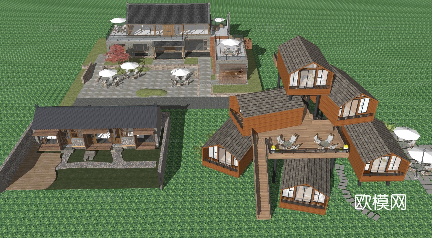 新中式民宿客栈酒店旅游度假村乡村别墅建筑su模型