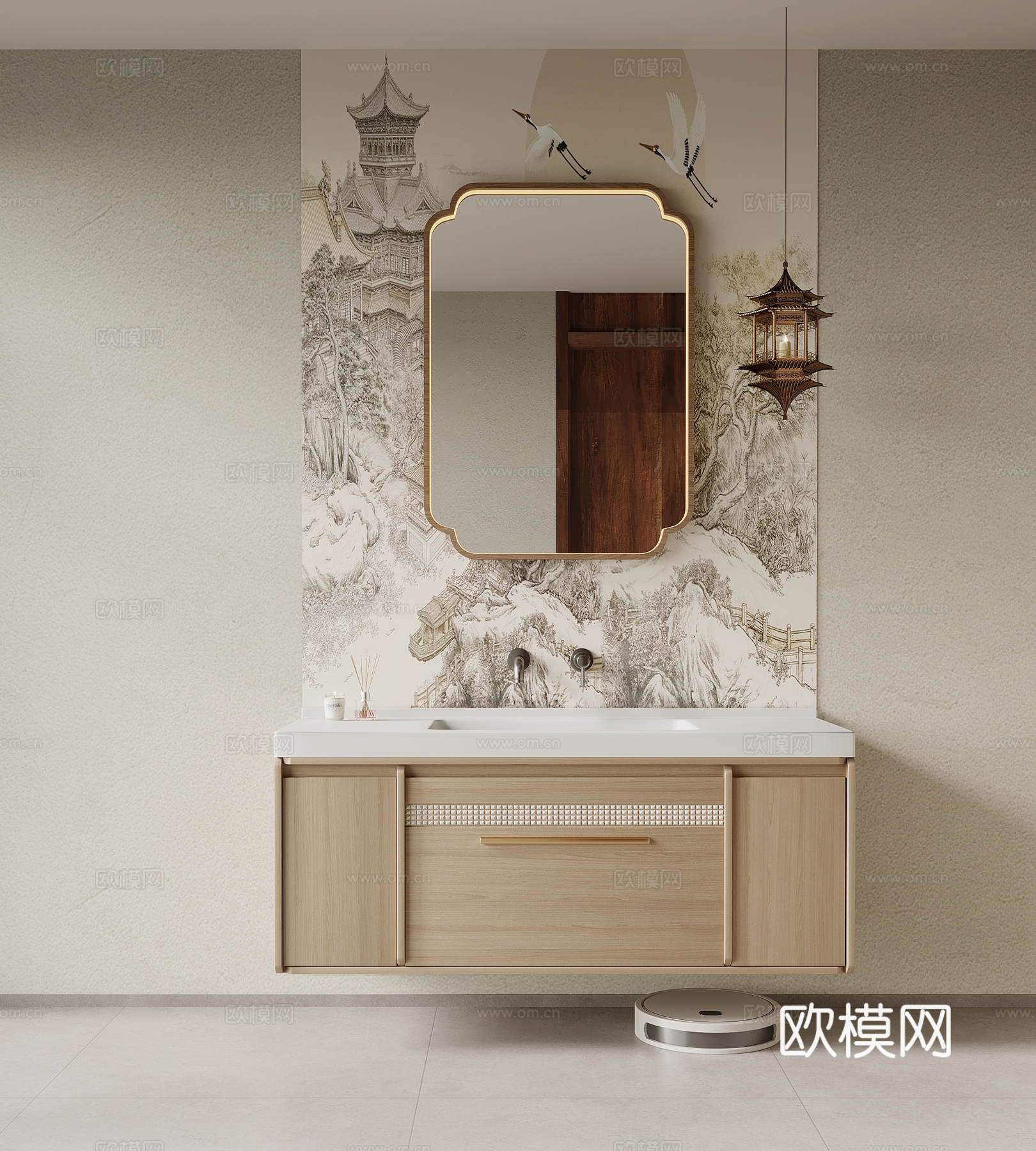新中式浴室柜 洗手台su模型