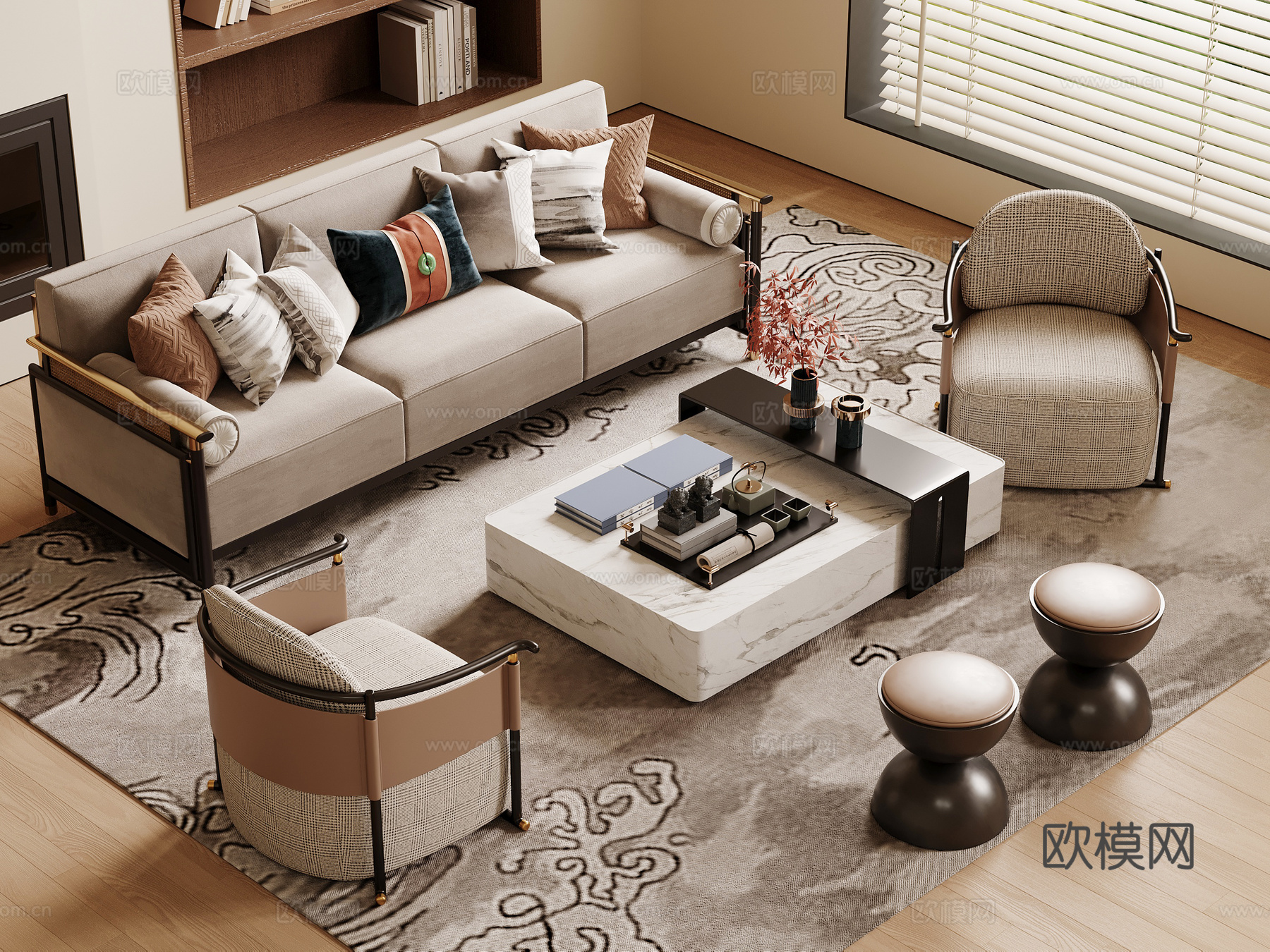 新中式沙发 多人沙发 三人沙发 沙发茶几组合su模型