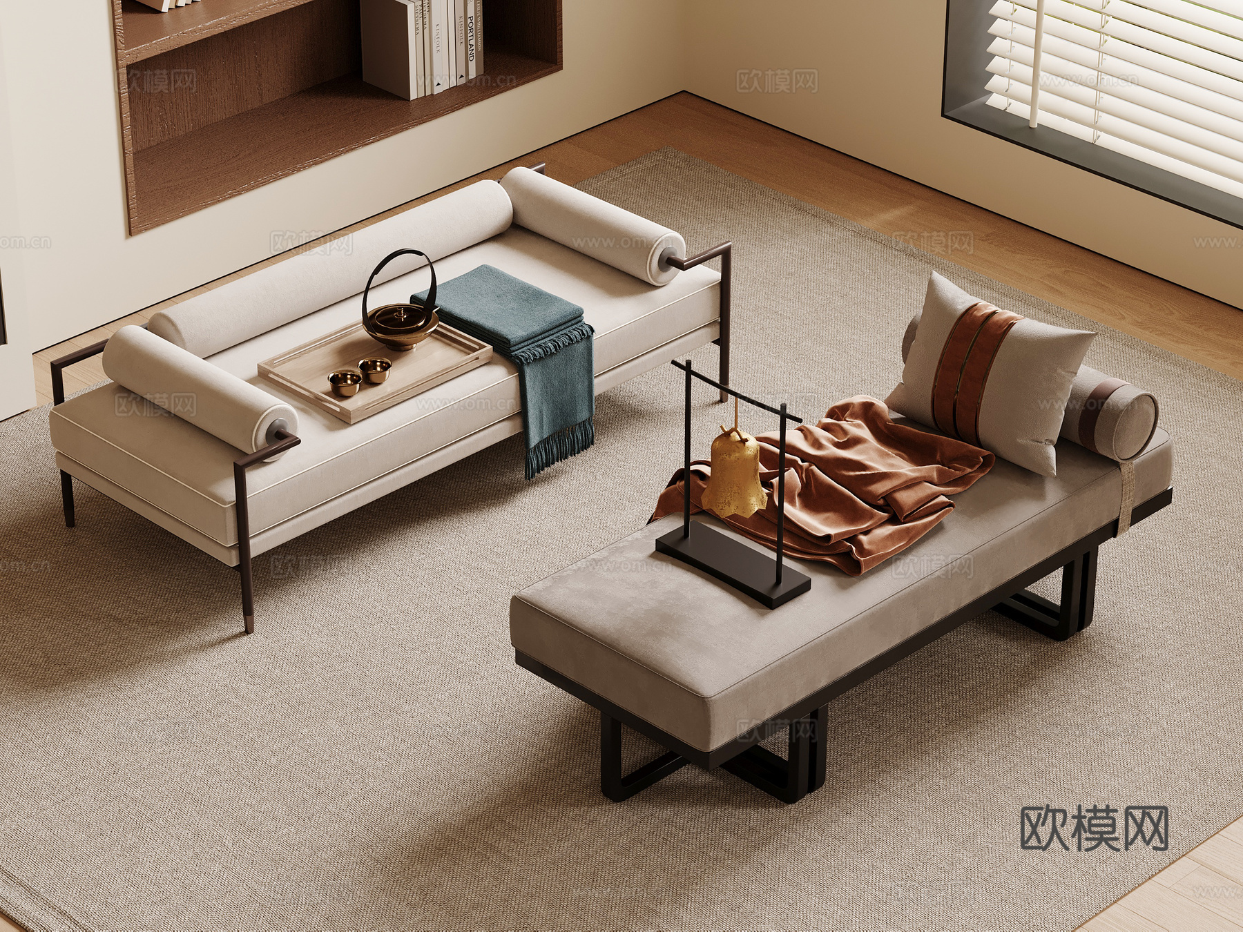 新中式贵妃椅 床尾塌 沙发凳 换鞋凳su模型