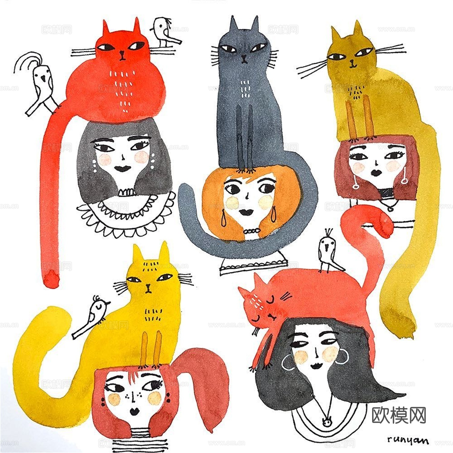 可爱动物手绘创意童趣插画猫咪动物插画治愈系插画可爱儿童插画下载