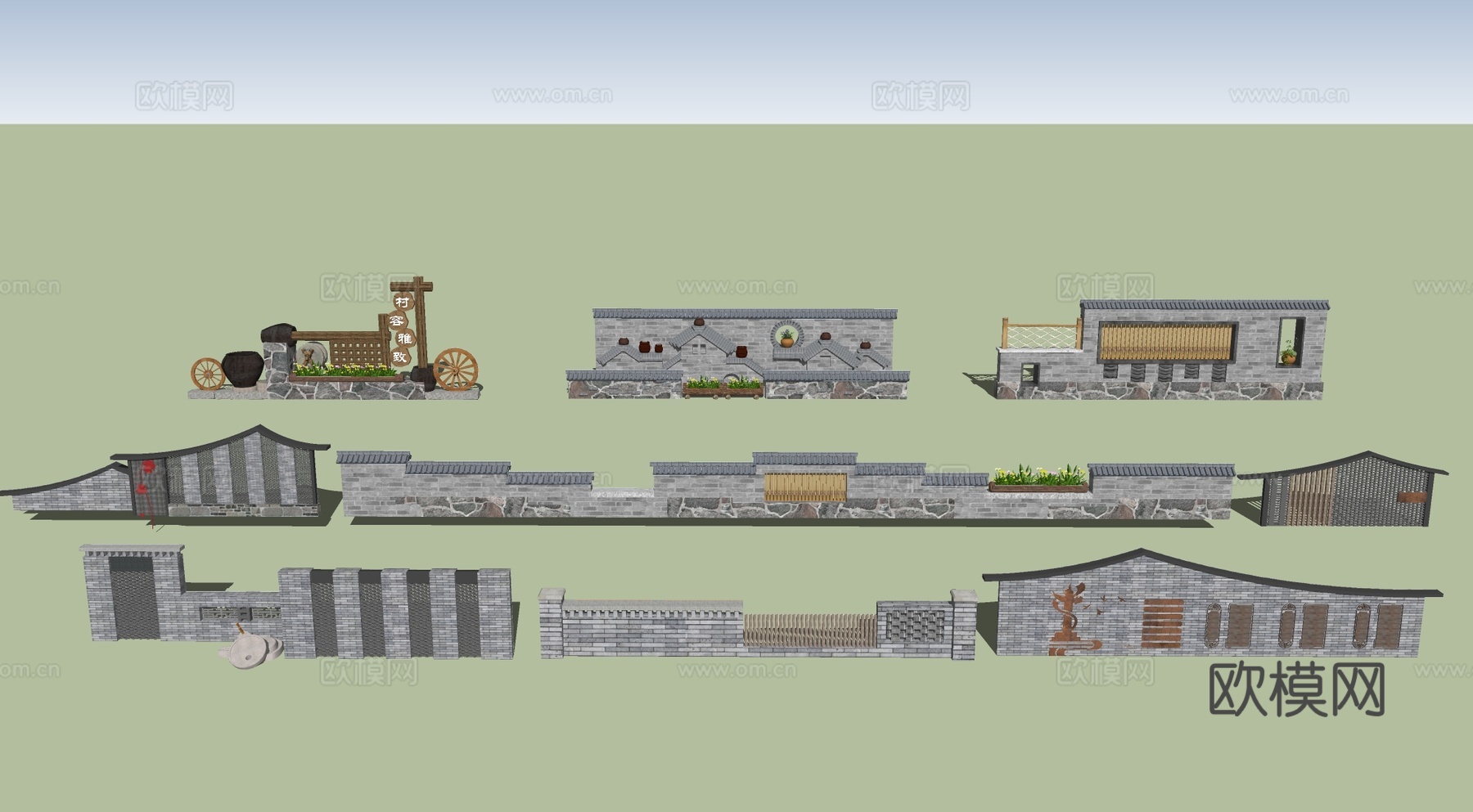 中式风格景墙 民俗文化景墙 乡村文化景墙su模型