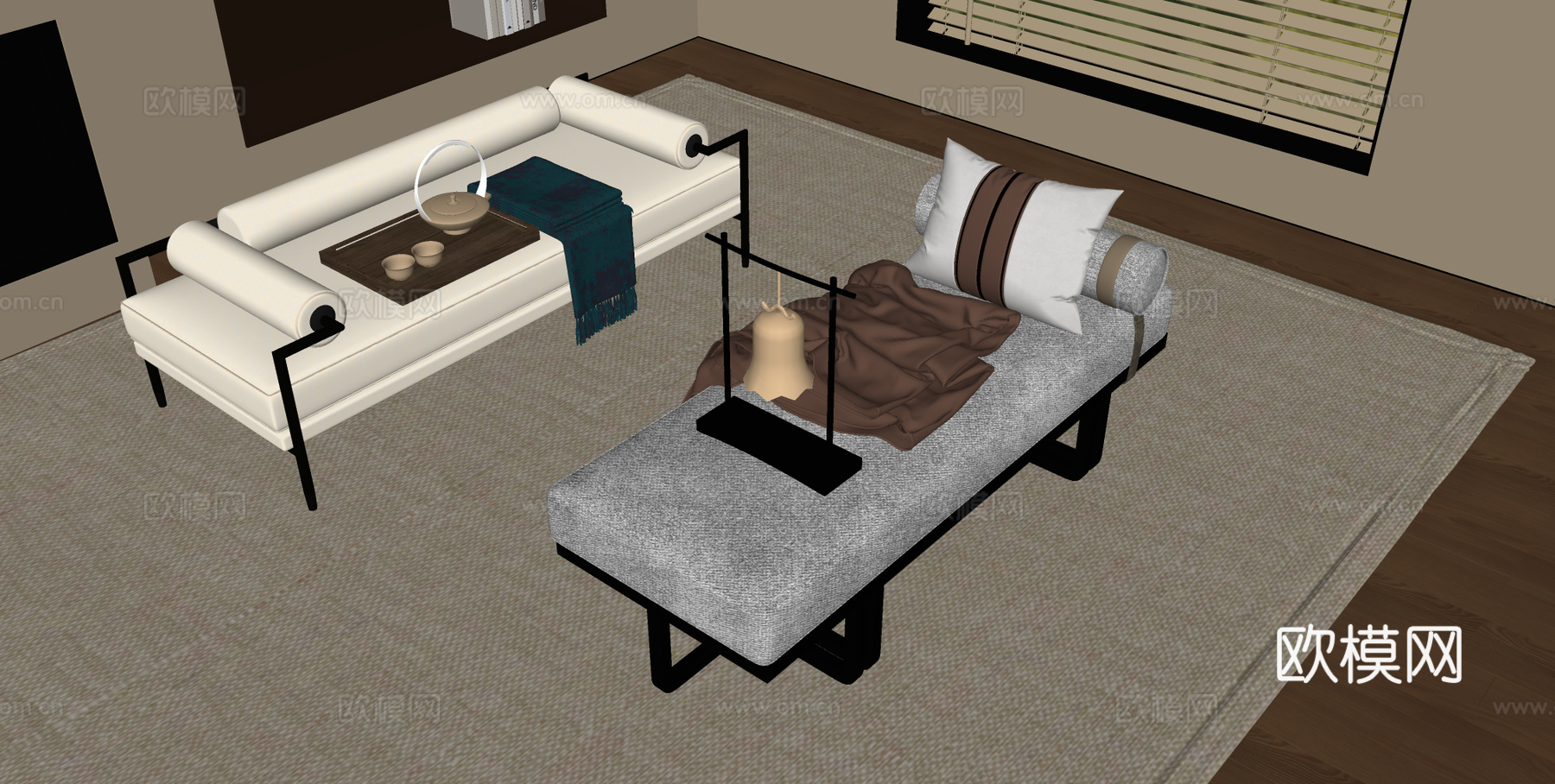 新中式贵妃椅 床尾塌 沙发凳 换鞋凳su模型