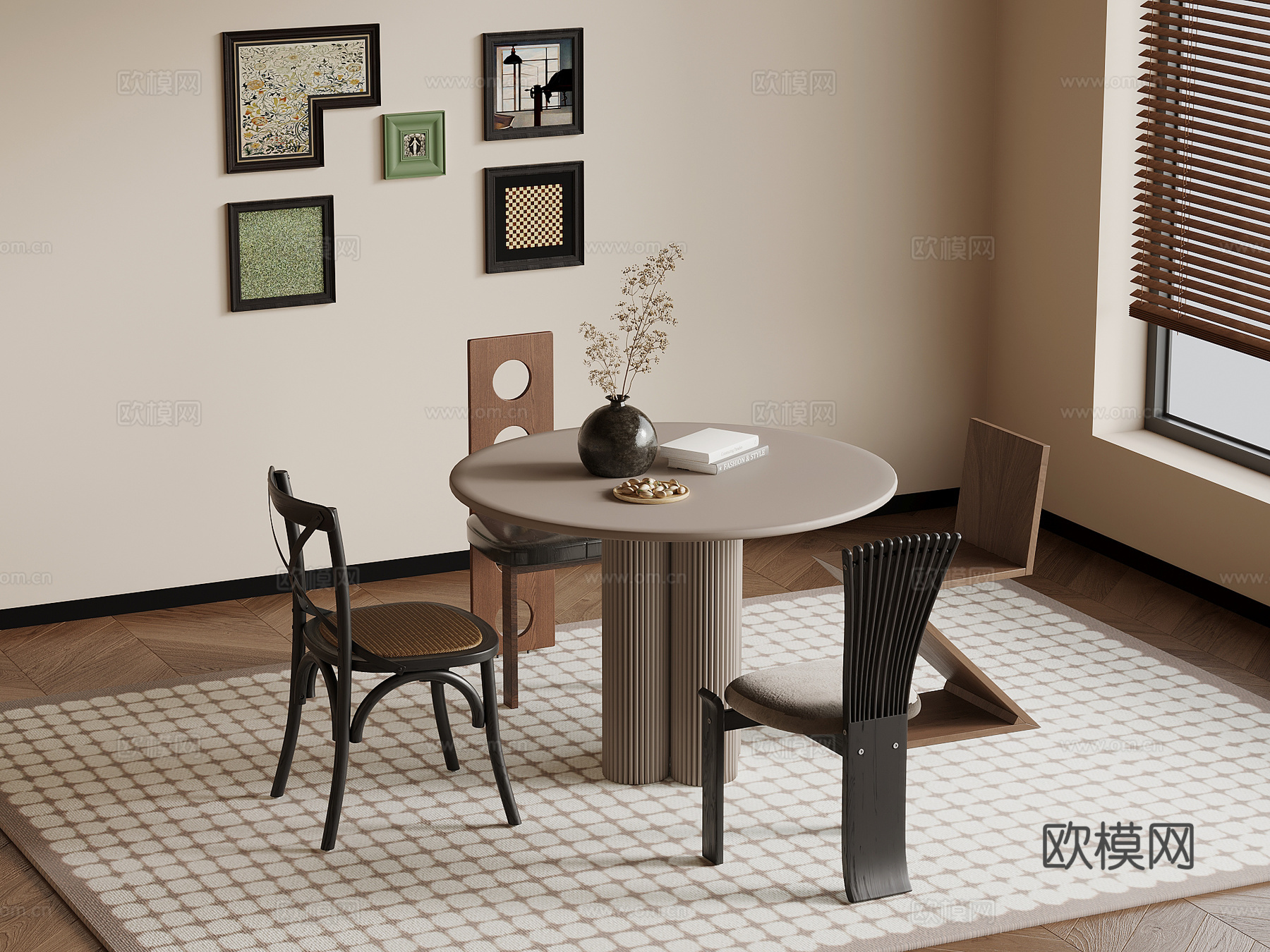 法式复古风餐桌椅 圆形餐桌su模型