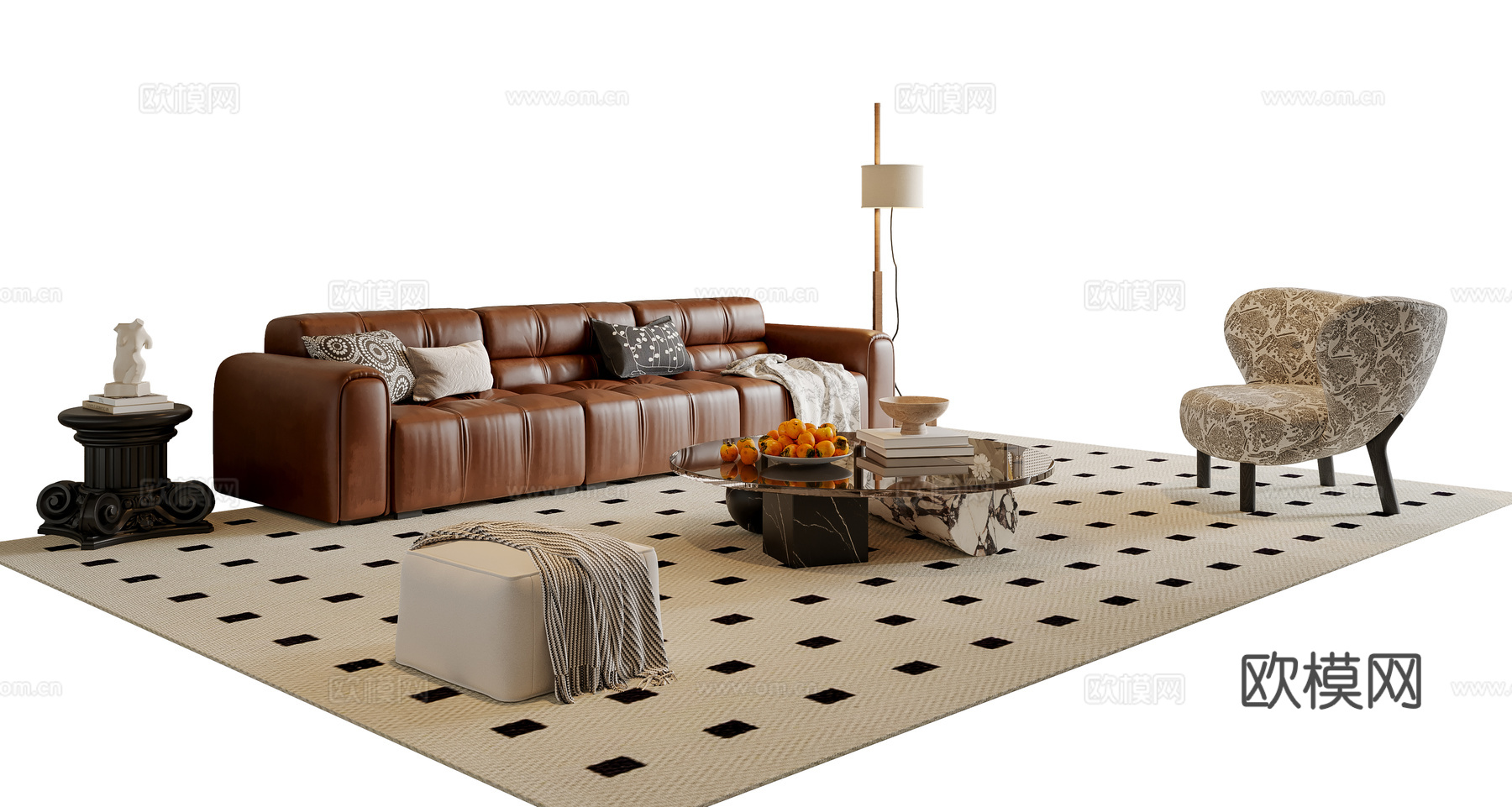 法式沙发茶几组合 多人沙发 休闲椅 落地灯 地毯su模型