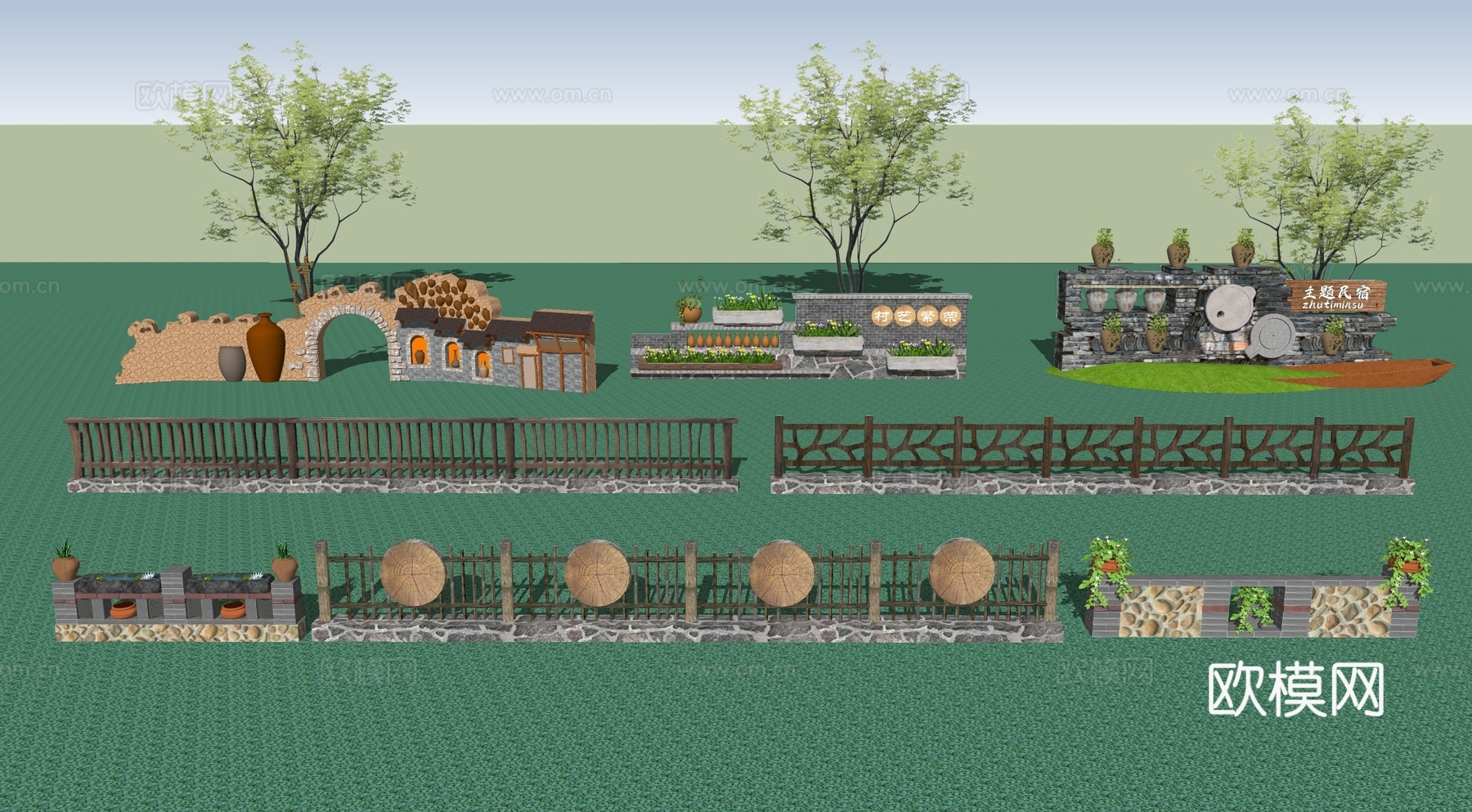 中式风格景墙 民俗文化景墙 乡村文化景墙su模型