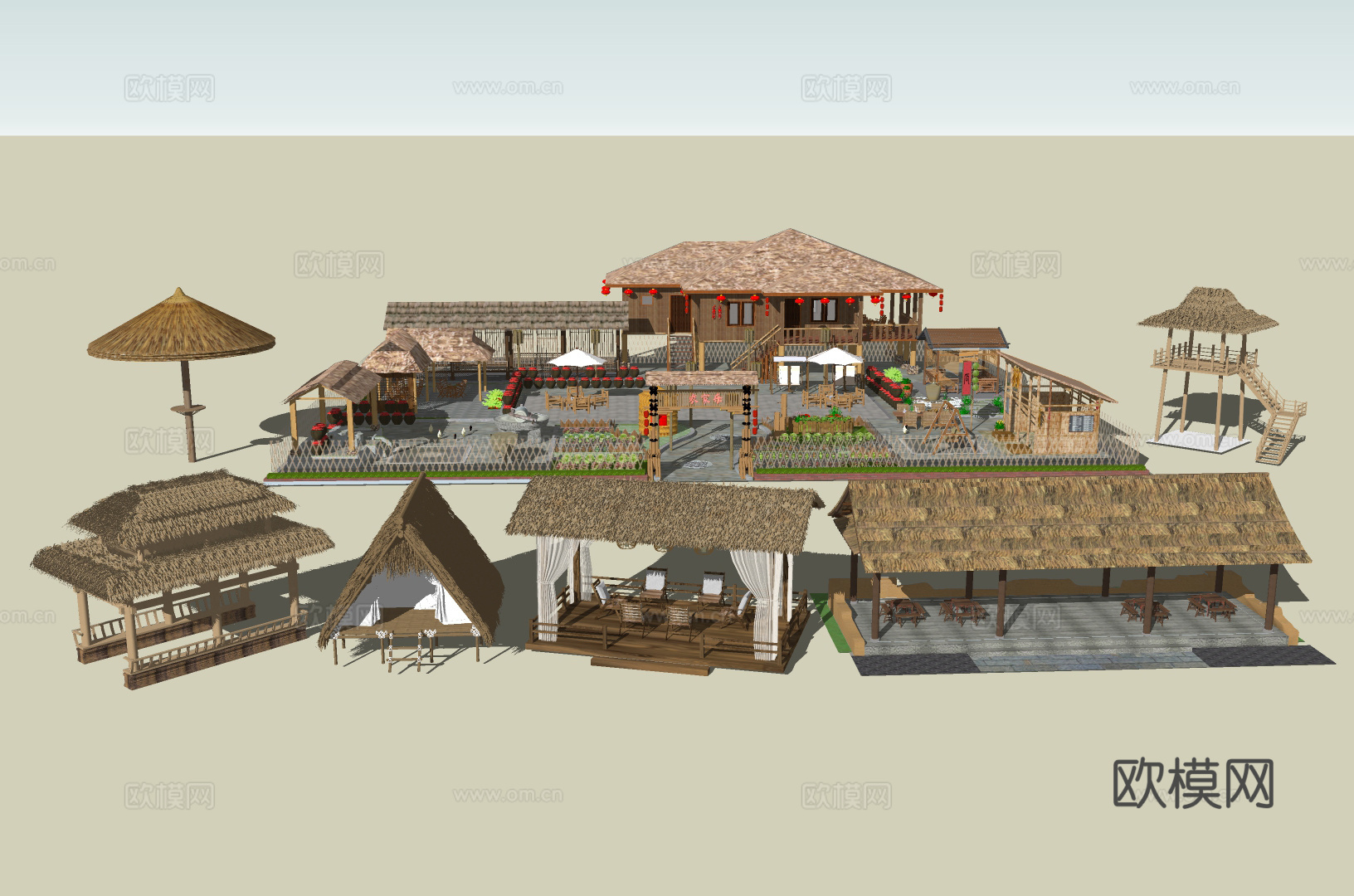 茅草亭茅草屋su模型