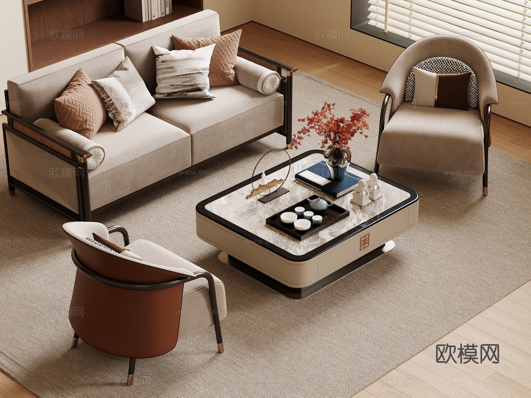 新中式沙发 多人沙发 三人沙发 沙发茶几组合su模型