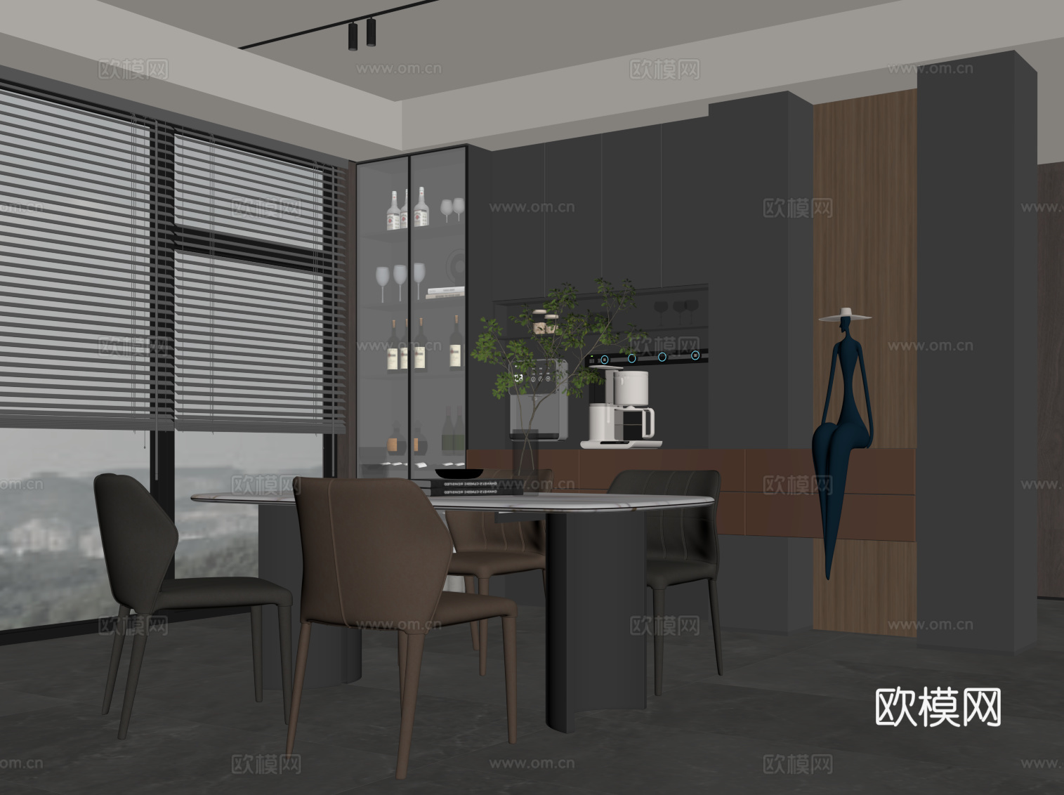 现代意式餐厅 酒柜 餐边柜 餐桌椅su模型