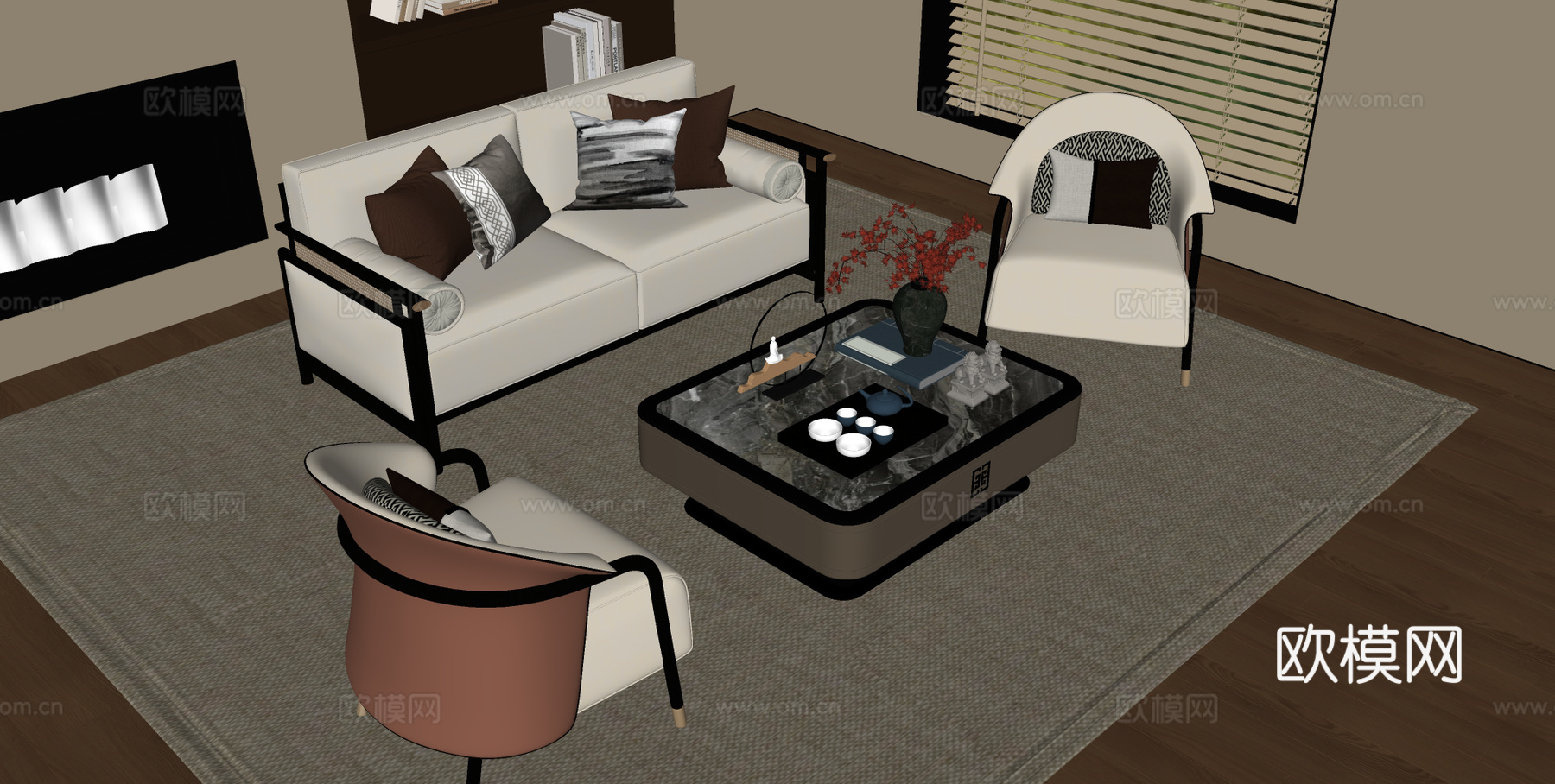 新中式沙发 多人沙发 三人沙发 沙发茶几组合su模型