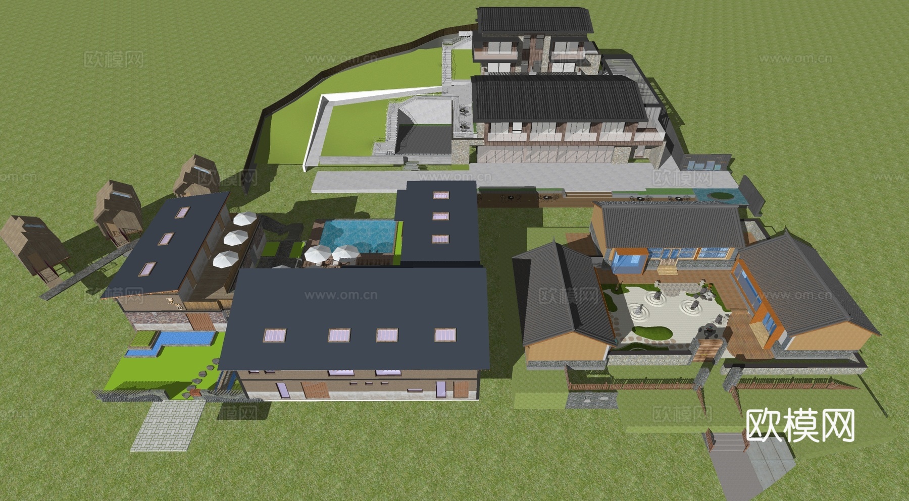 新中式民宿客栈酒店旅游度假村乡村别墅建筑su模型
