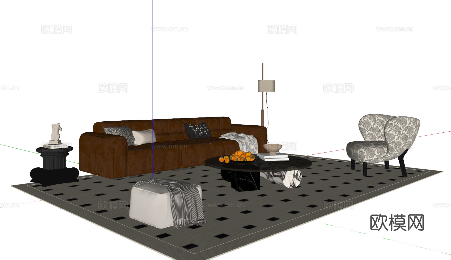 法式沙发茶几组合 多人沙发 休闲椅 落地灯 地毯su模型