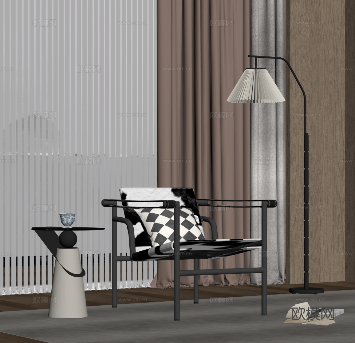 现代休闲椅 边几 落地灯su模型