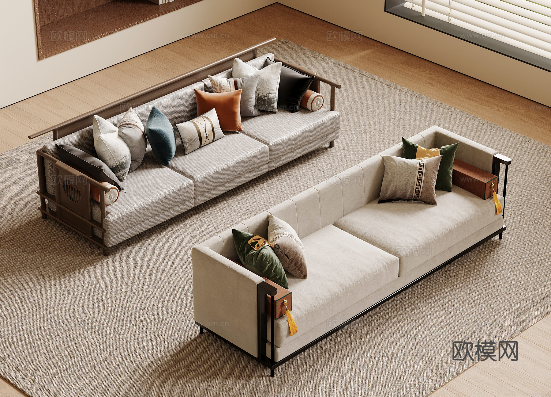 新中式多人沙发 三人沙发 直排沙发su模型