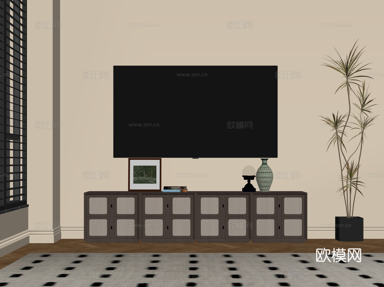 中古风电视柜 绿植盆栽su模型下载（渲染图2）
