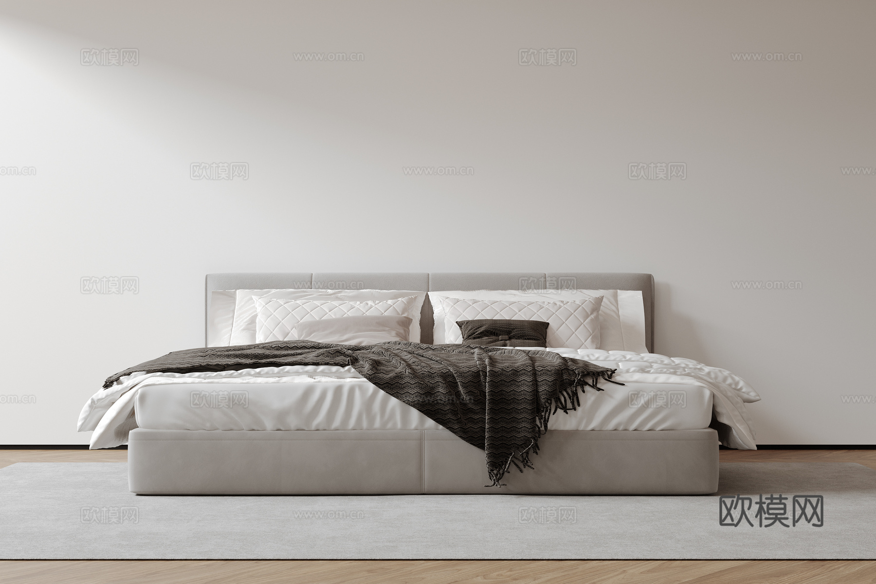 现代意式双人床 皮质床 布艺双人床 中古主卧床 地台床 极简su模型