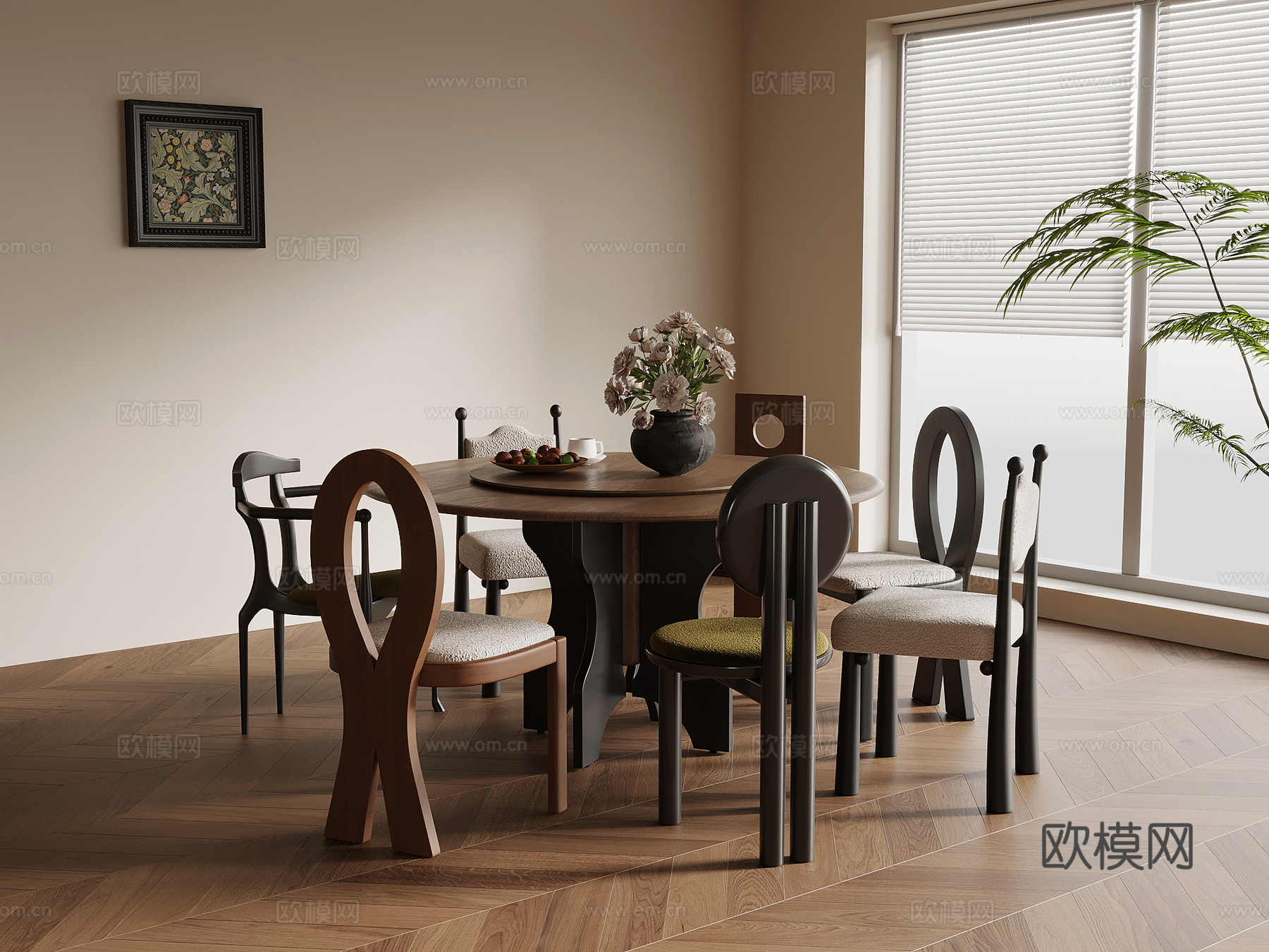 法式复古风餐桌椅 圆形餐桌su模型
