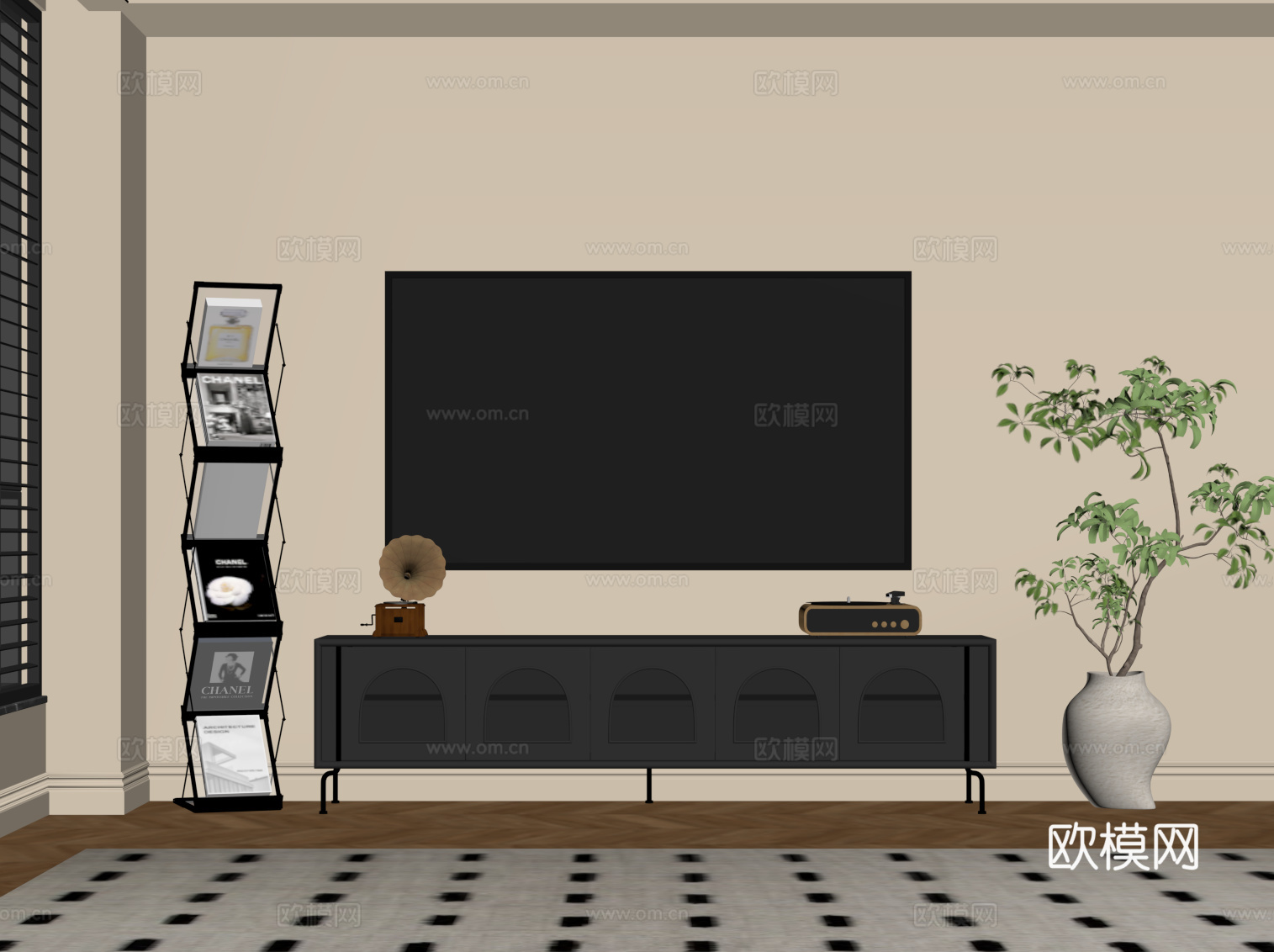 法式复古风电视柜 报刊架 绿植盆栽su模型