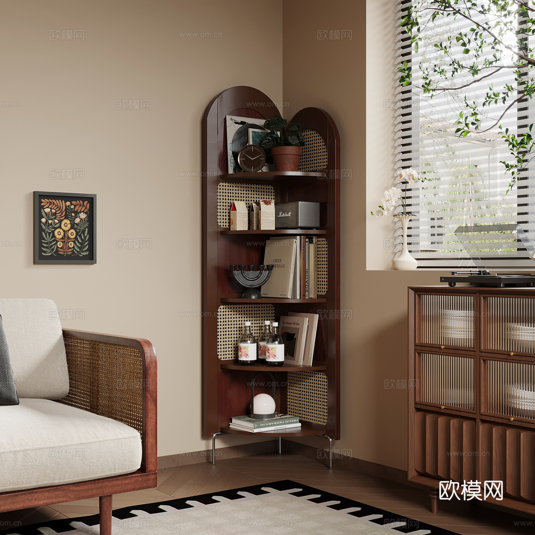 中古风墙角柜 置物架su模型