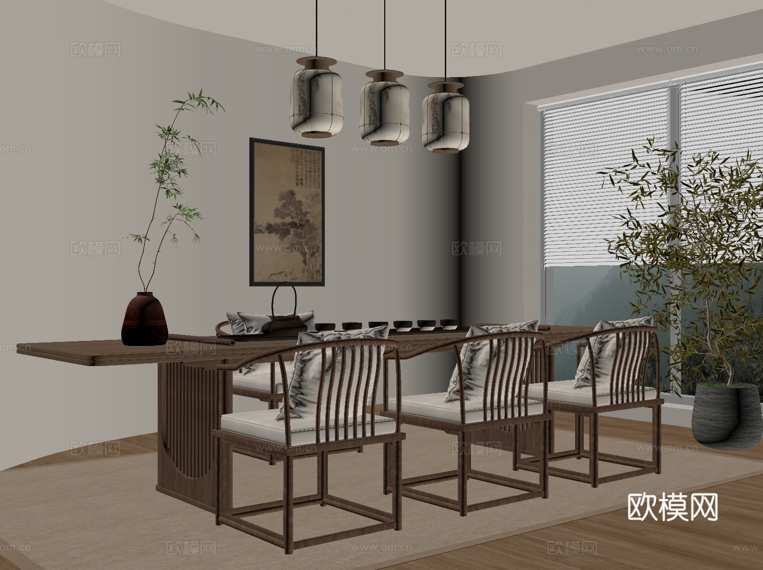 新中式茶桌椅 茶台su模型