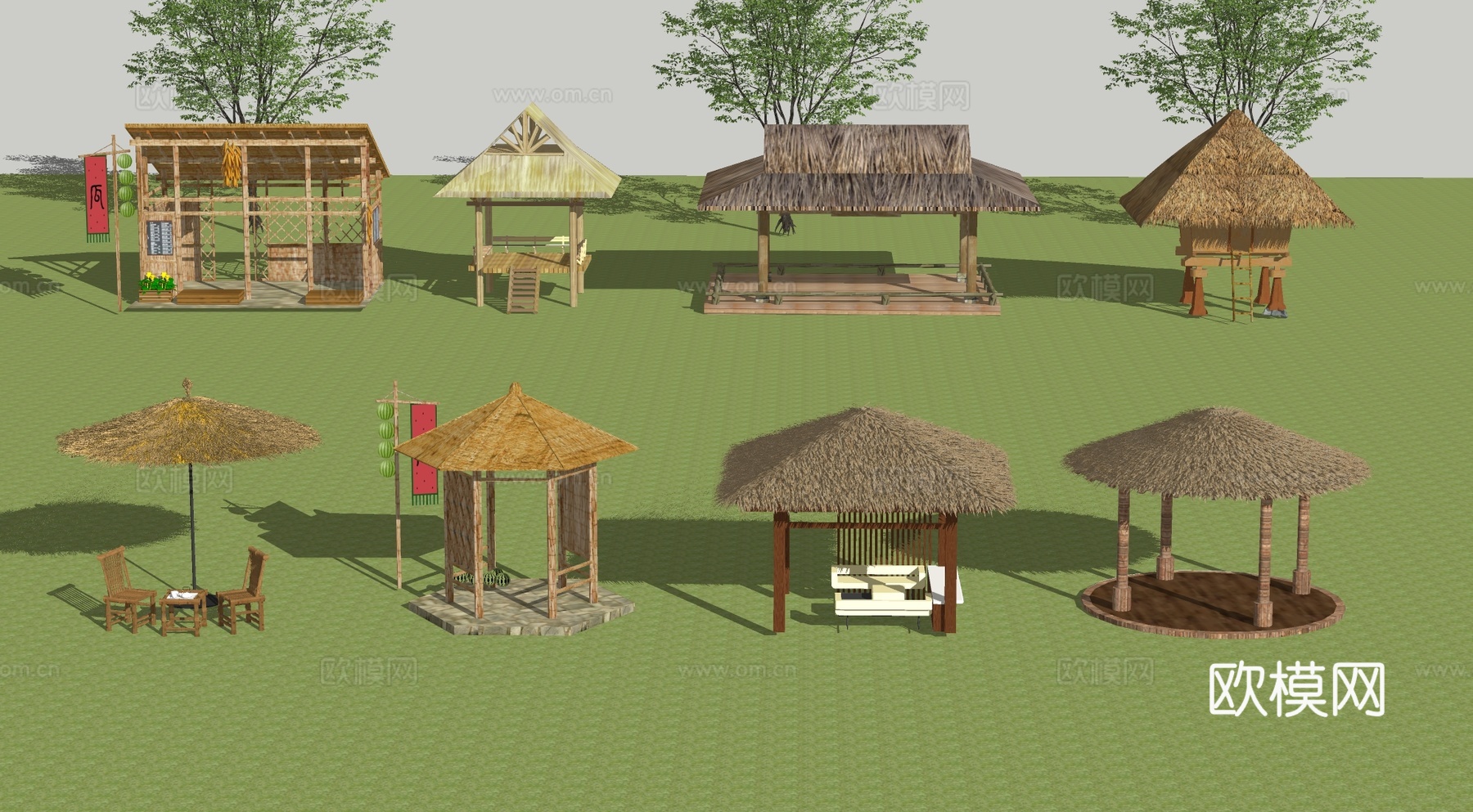 茅草亭茅草屋su模型
