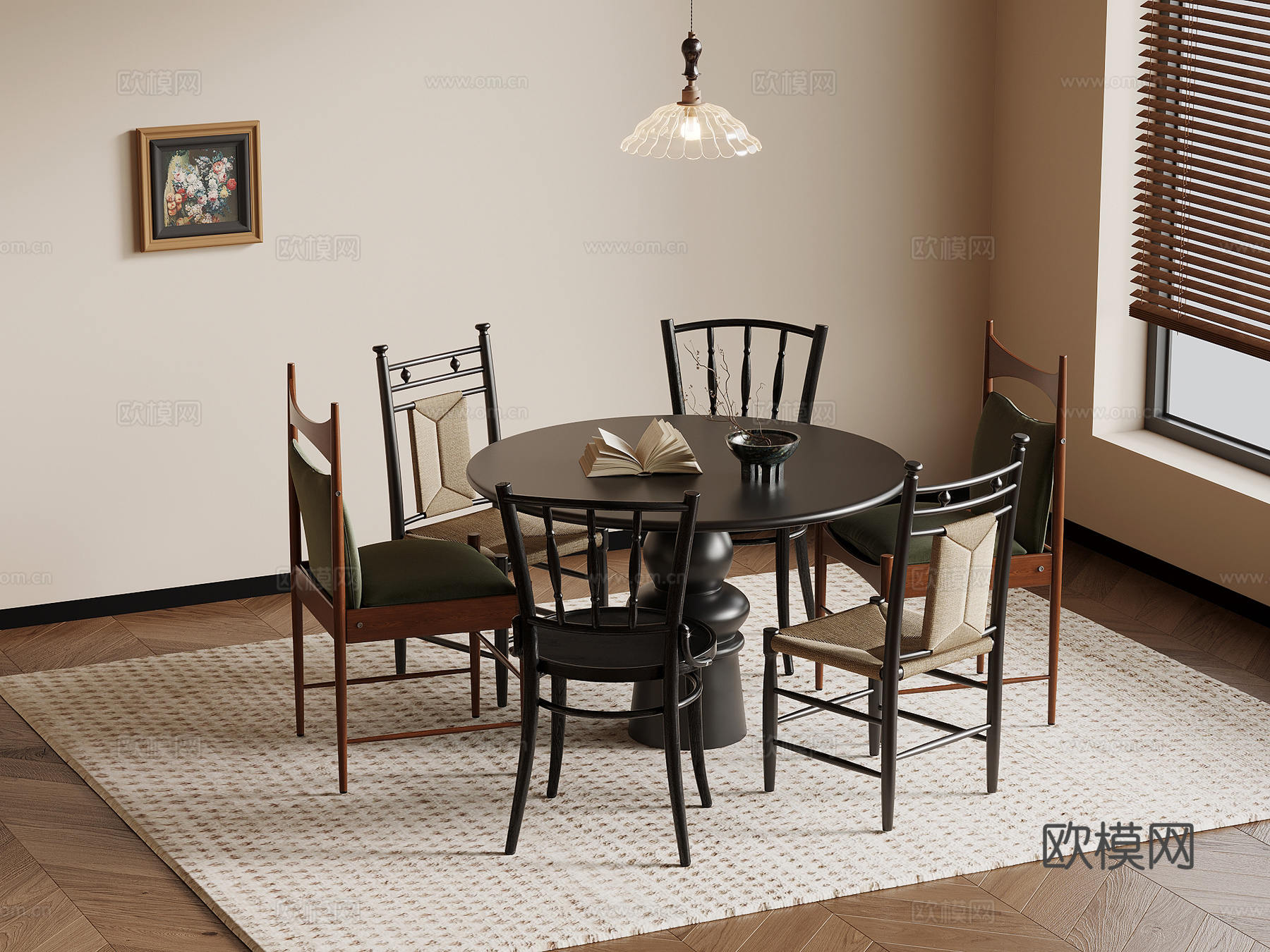 法式复古风餐桌椅 圆形餐桌su模型
