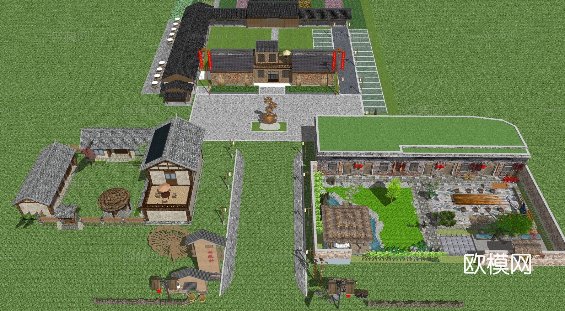 新中式乡村民宿民房建筑su模型