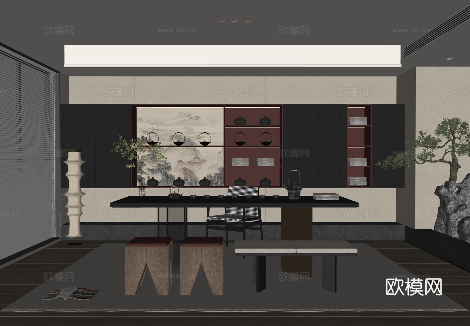 新中式茶室 茶桌 盆景 吊灯 椅子 凳子 茶壶 茶杯 茶叶su模型