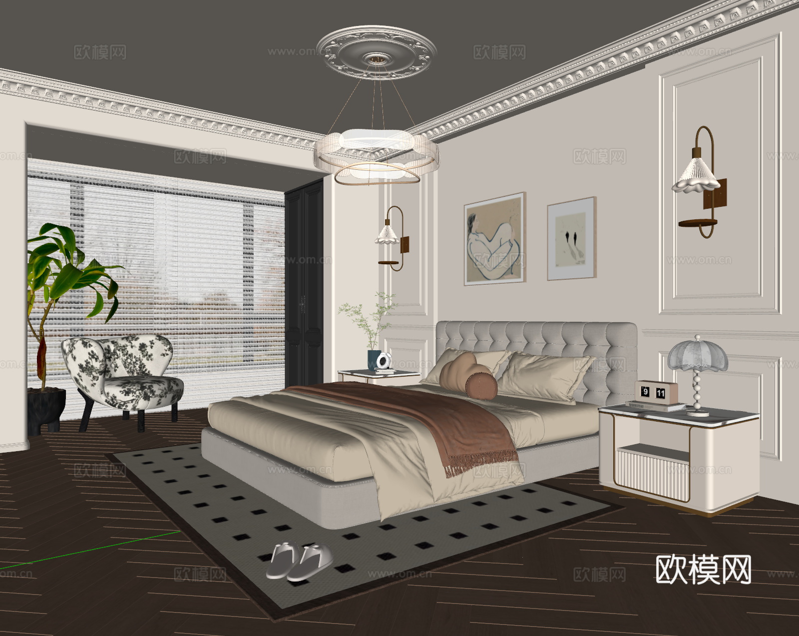 法式卧室 布艺双人床 床头柜 吊灯 挂画 休闲椅 地毯su模型