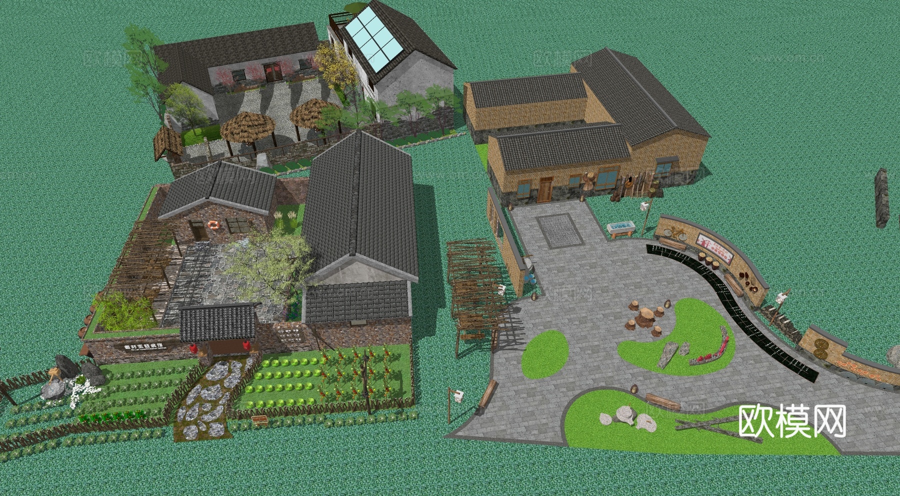 新中式乡村民宿民房建筑su模型