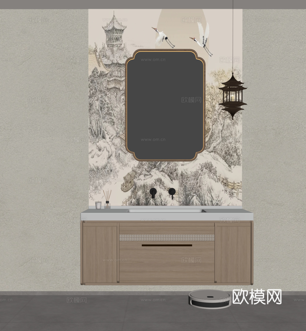 新中式浴室柜 洗手台su模型