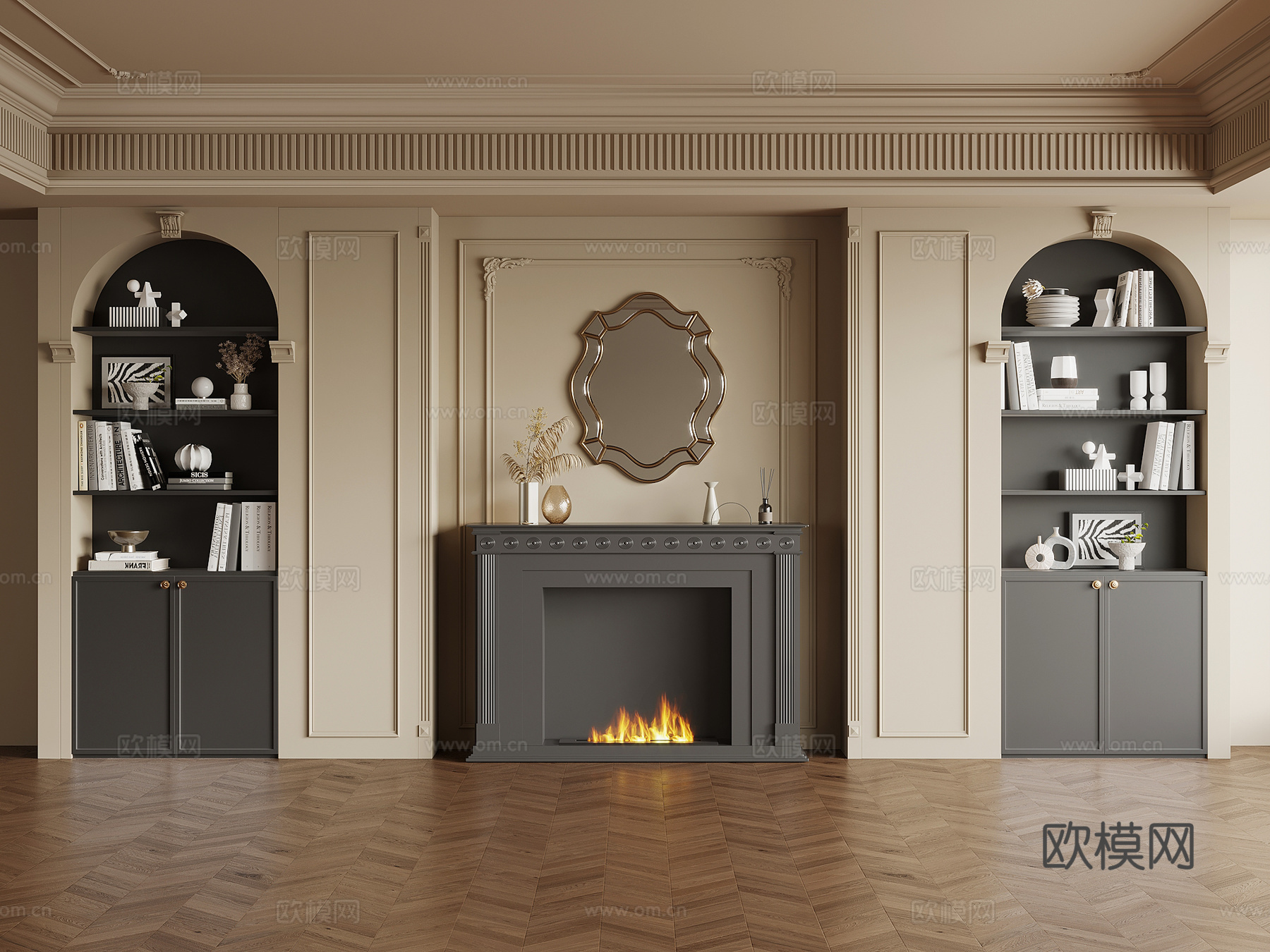 法式复古风书柜 壁炉su模型