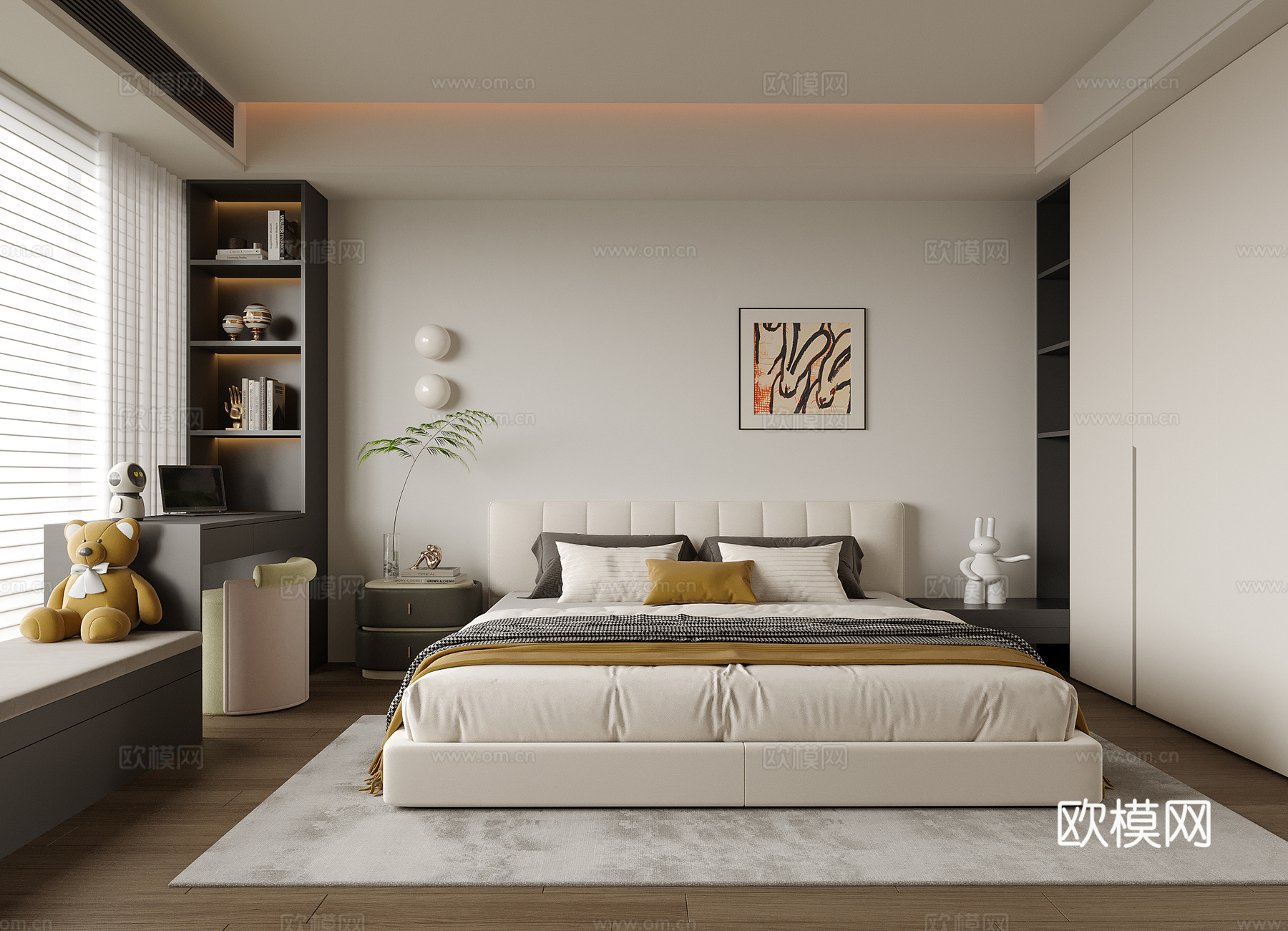 现代卧室 双人床 床头柜su模型