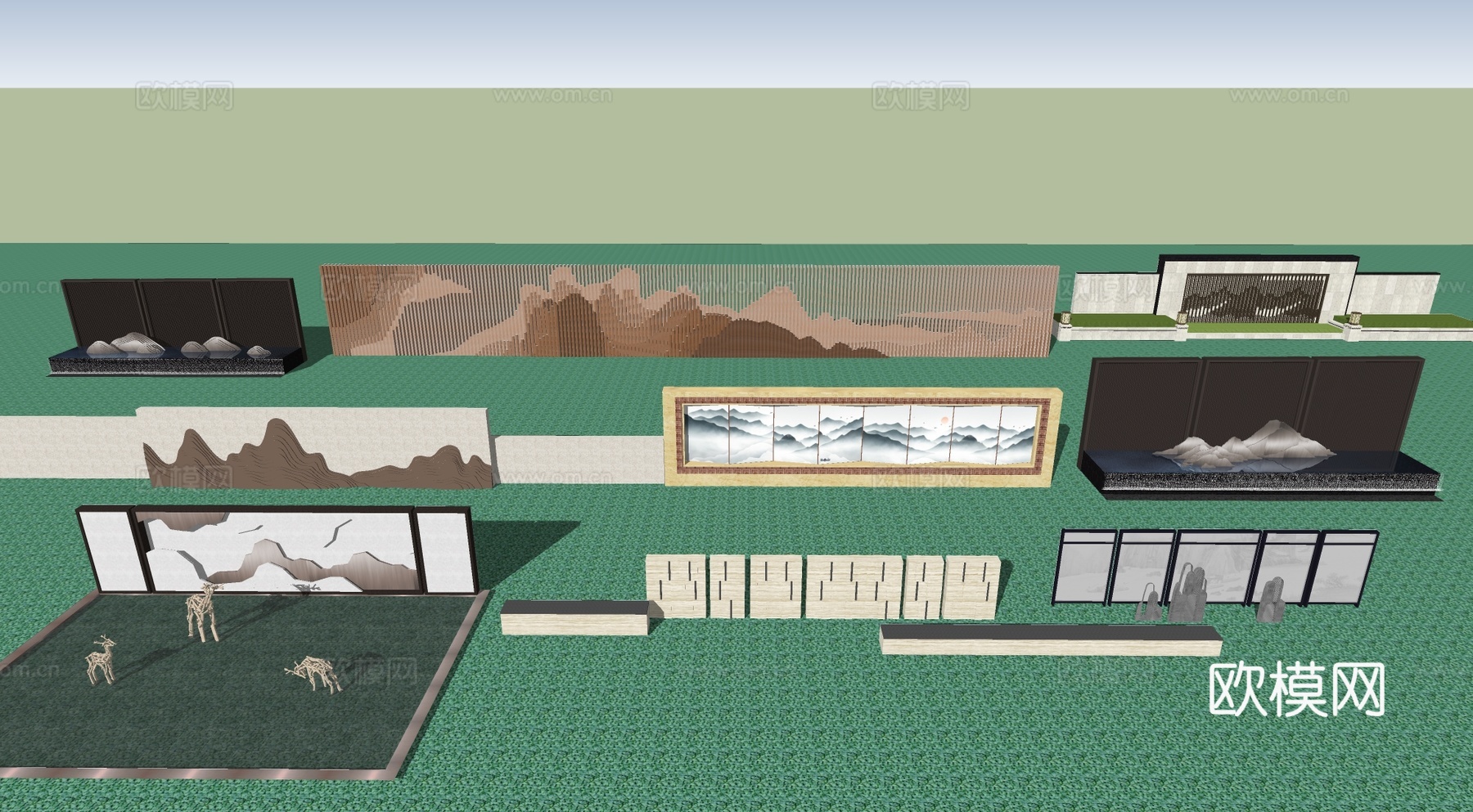 中式跌水景墙 景观小品 庭院小品山水景墙su模型