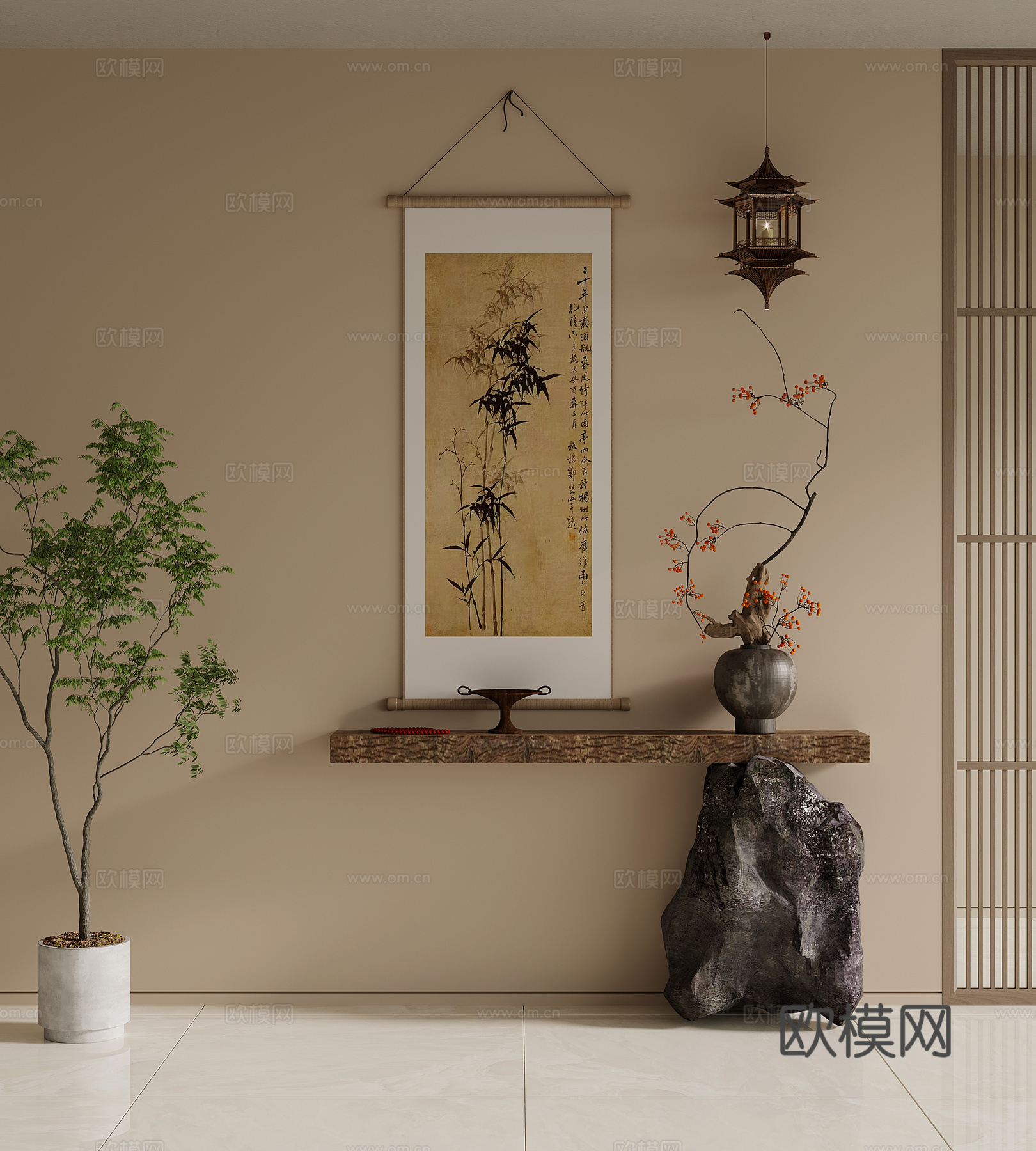 新中式玄关 端景条案 挂画 盆景su模型