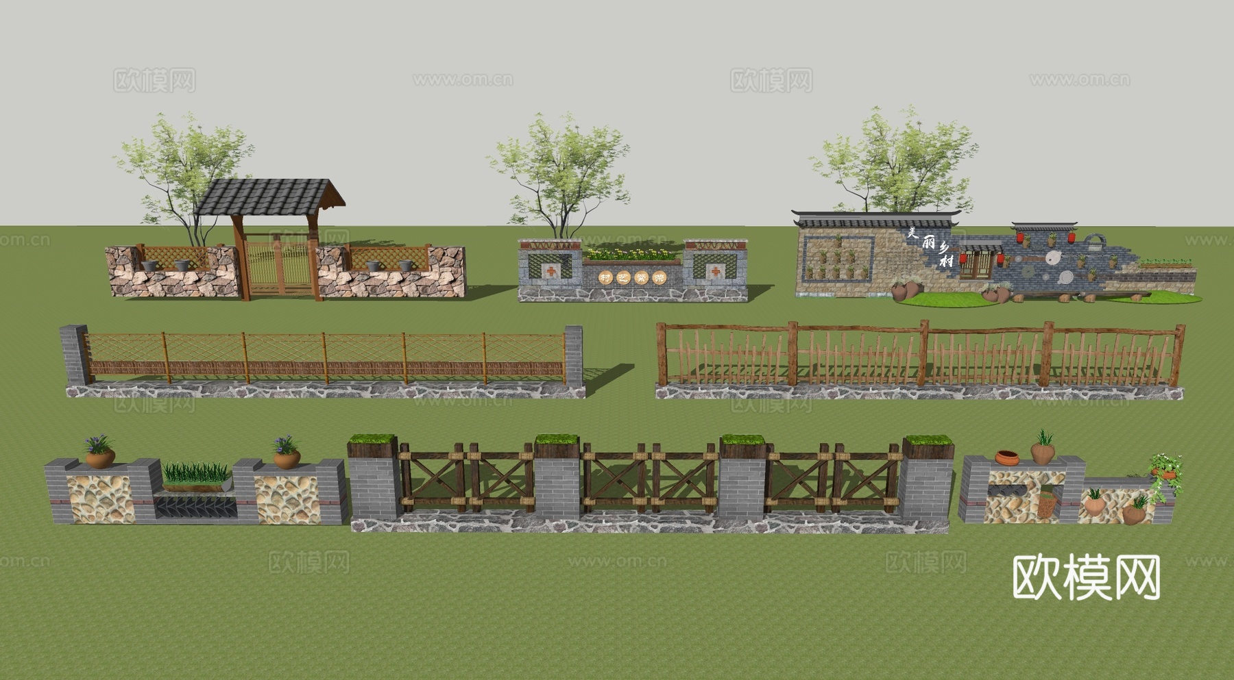 中式风格景墙 民俗文化景墙 乡村文化景墙su模型