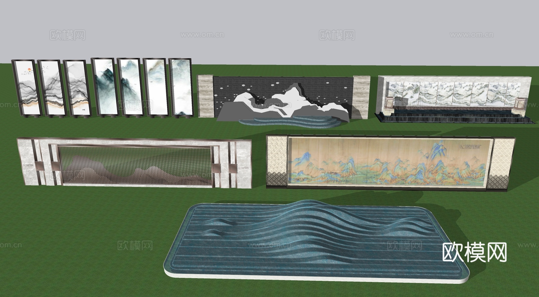 中式跌水景墙 景观小品 庭院小品山水景墙su模型