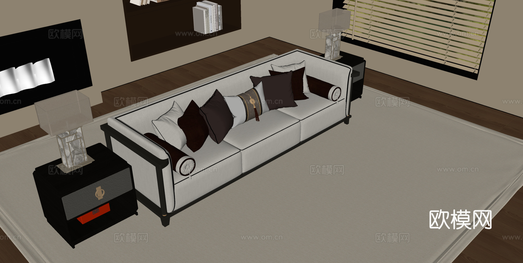 新中式多人沙发 三人沙发 直排沙发su模型