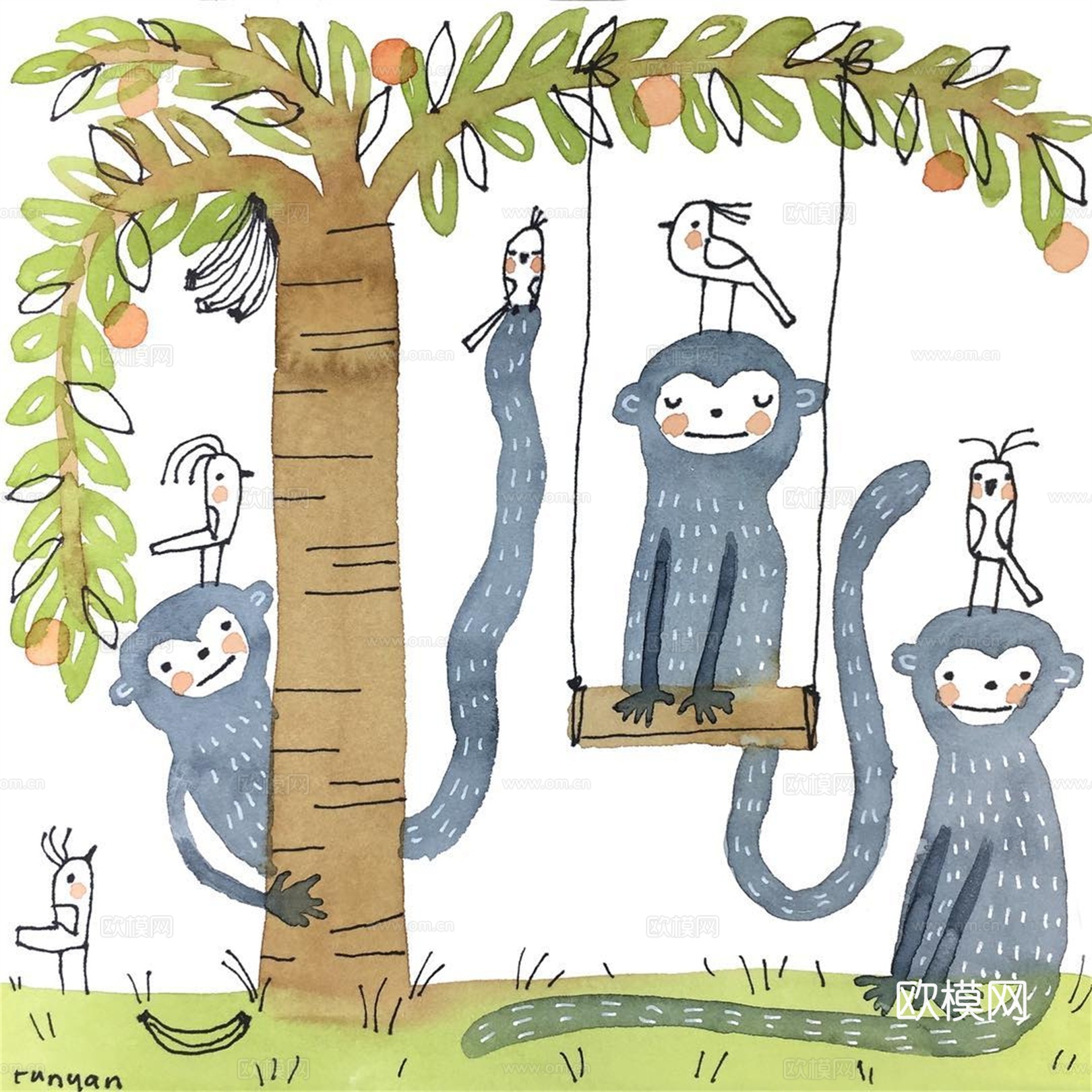 可爱动物手绘创意童趣插画猫咪动物插画治愈系插画可爱儿童插画下载