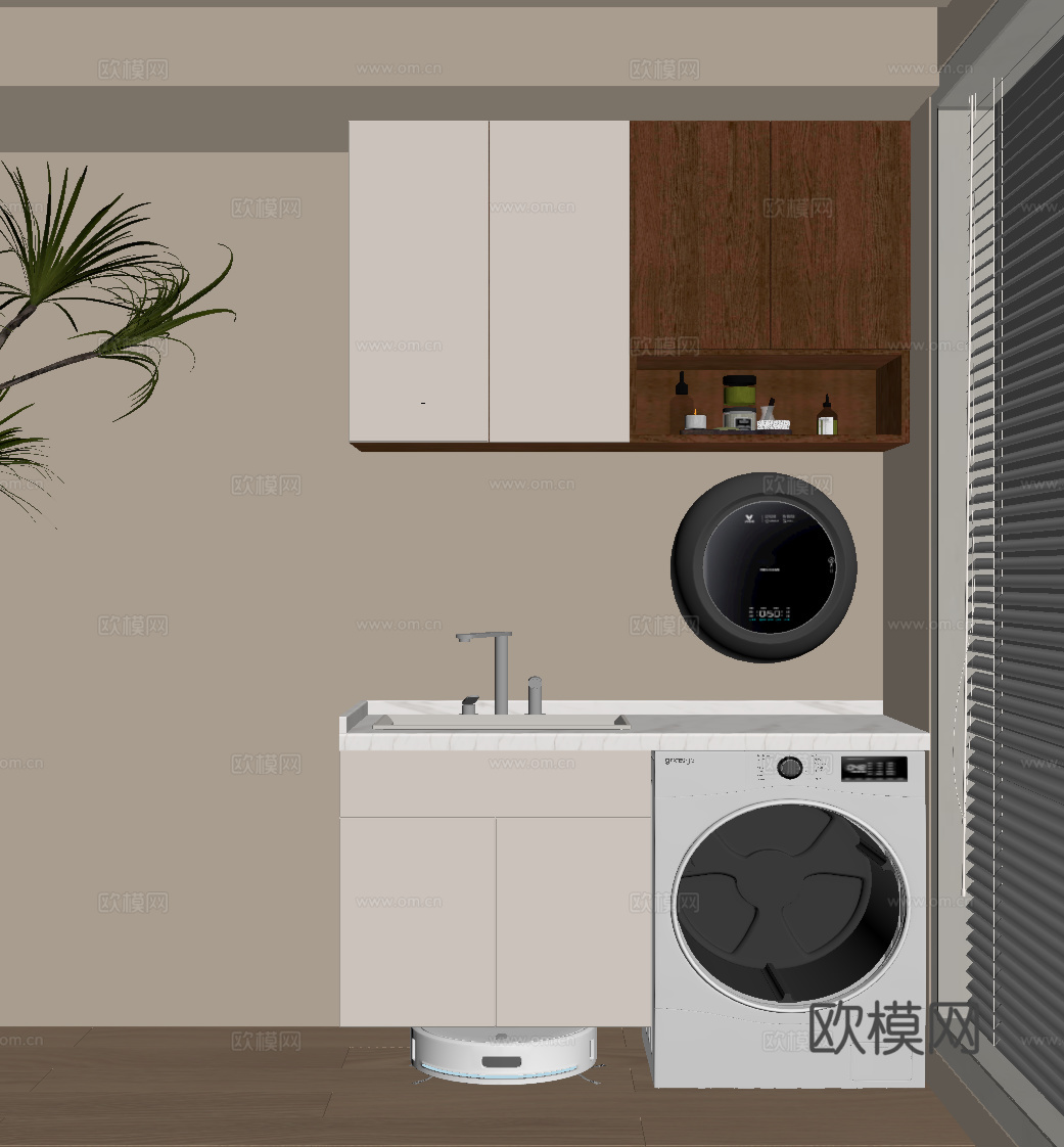 中古风洗衣机柜 阳台柜su模型