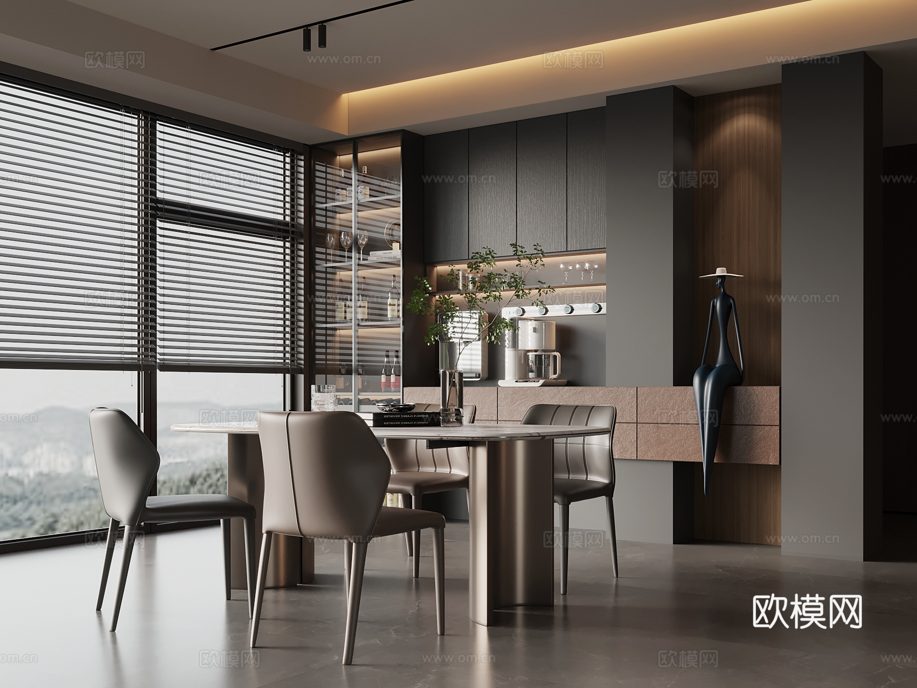 现代意式餐厅 酒柜 餐边柜 餐桌椅su模型